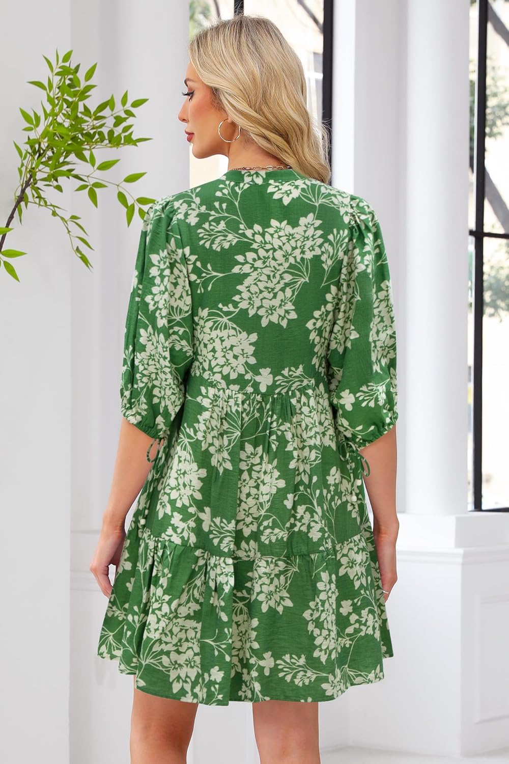 Women's Summer Beach Mini Dress Floral Boho Shift Dress Casual V Neck Puff Short Sleeve Flowy Button Down Dresses - Image 3