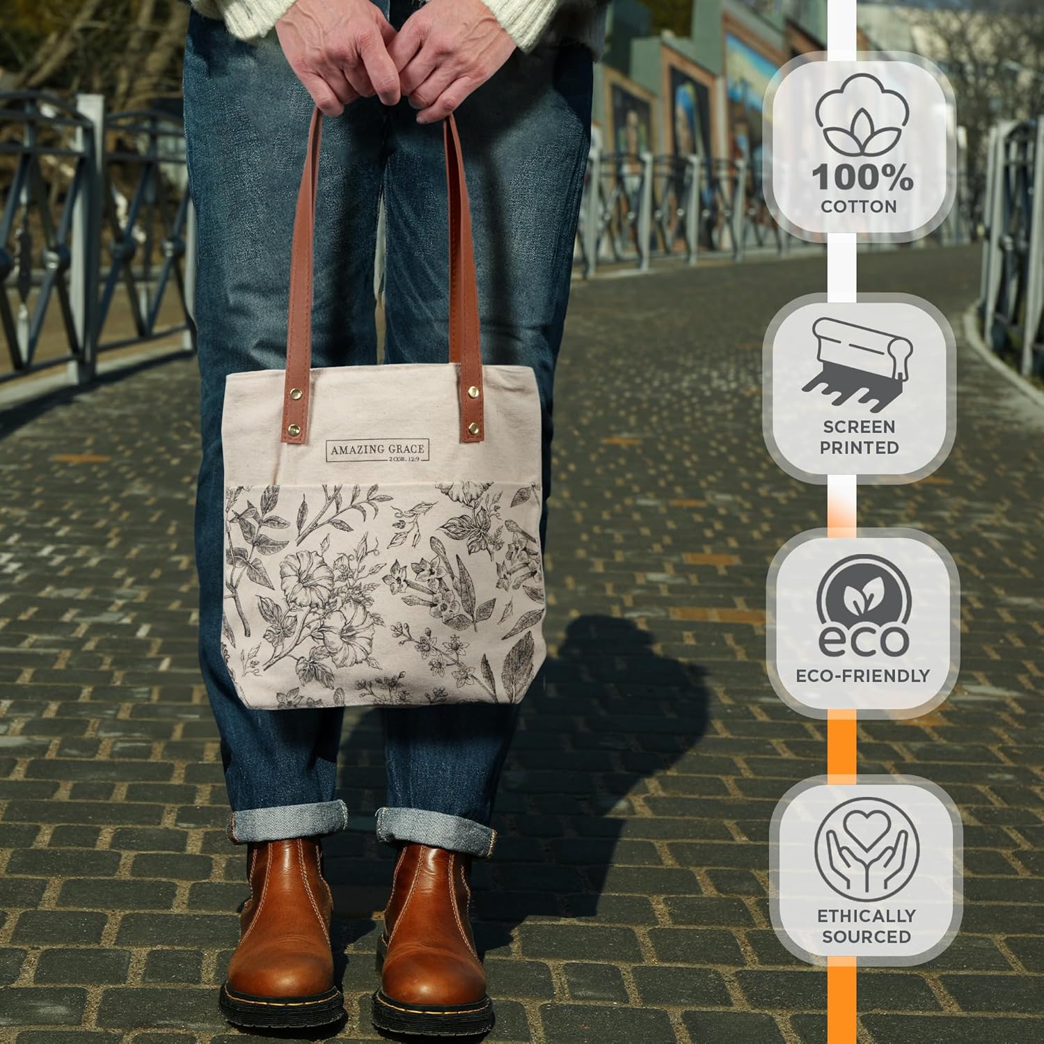 Christian Art Gifts Canvas Floral Tote Bag for Women: Amazing Grace Inspirational Scripture for Shopping, Supplies, Books, Accessories, Vegan Leather, Pocket, Zippered Closure, Creamy Tan & Brown - Image 3