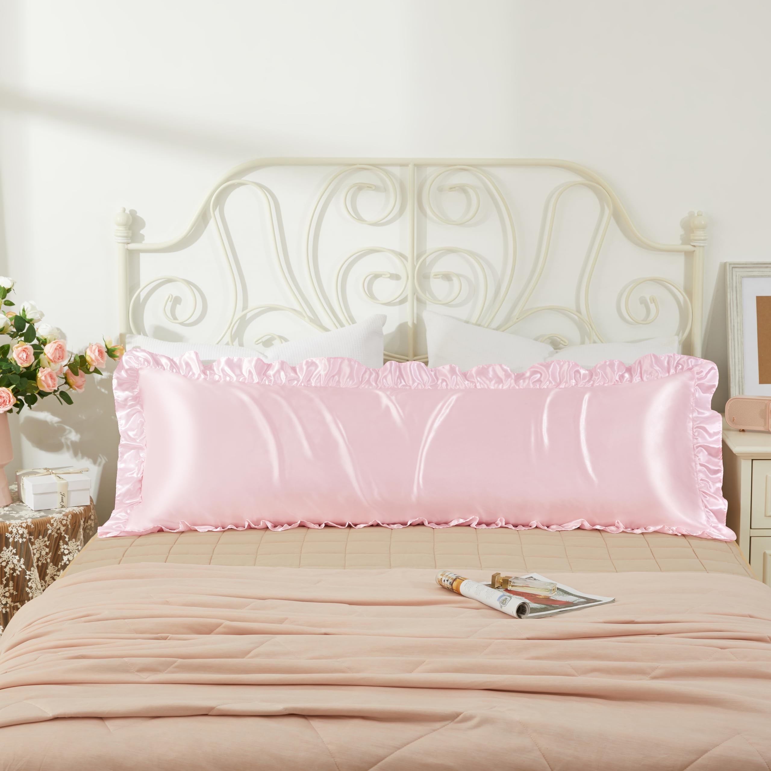 HommxJF Blush Pink Satin Pillowcases Body Pillow for Hair and Skin,Blush Pink Body Pillow Silk Pillowcase with Envelope Closure Princess Room Decoration