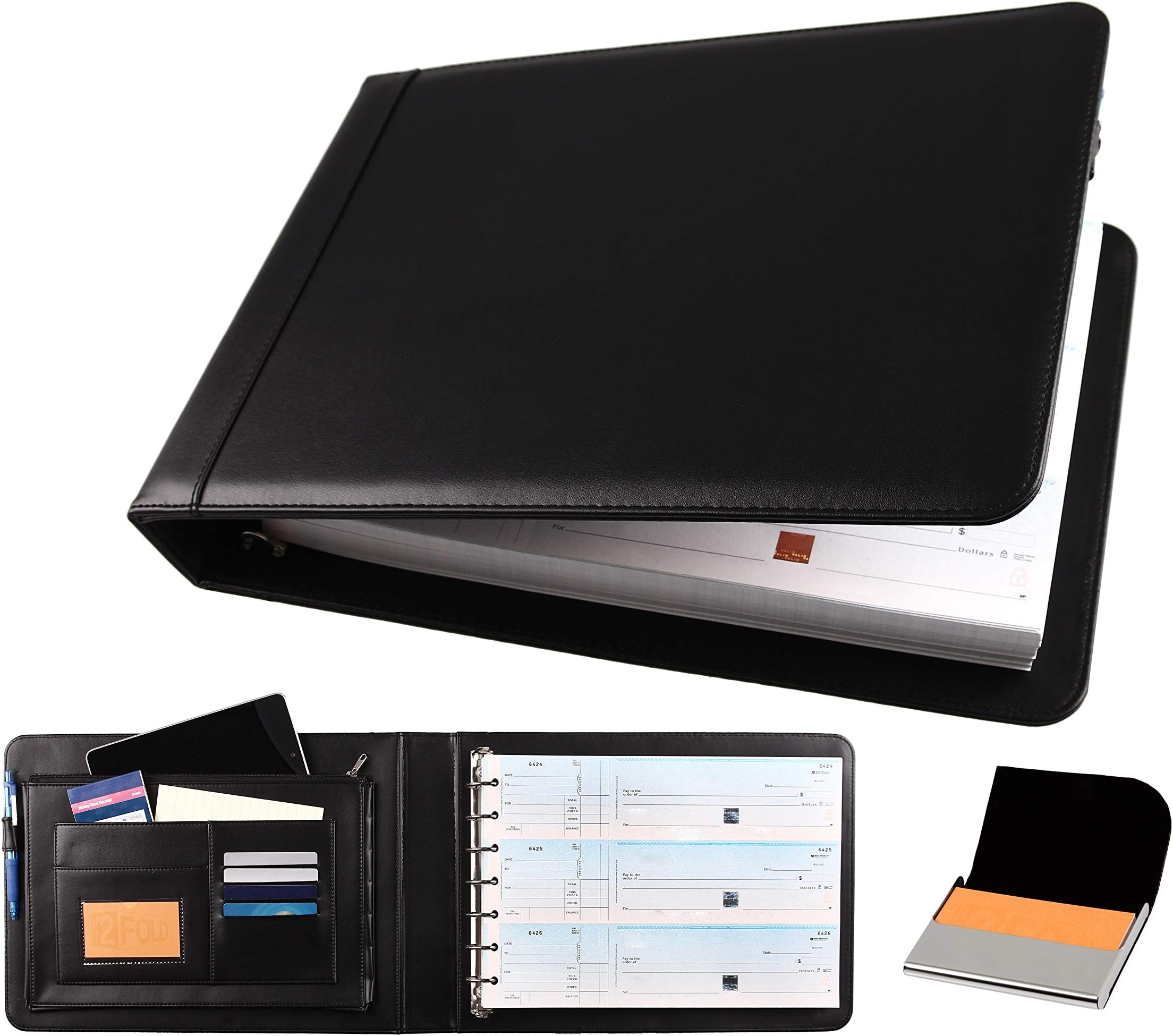 2Fold Business Check Binder 7 Ring for 3-Up Business Size Checks with Extra Business Card Case - PU Leather Deluxe 7 Ring Checkbook Binder Portfolio with 600 Check Capacity and Storage