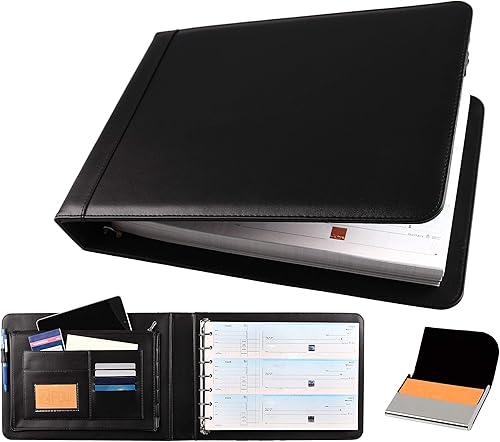 2Fold Carpeta de cheques de negocios con 7 anillos para cheques de tamaño de empresa de 3 en adelante con funda de tarjeta de visita adicional,