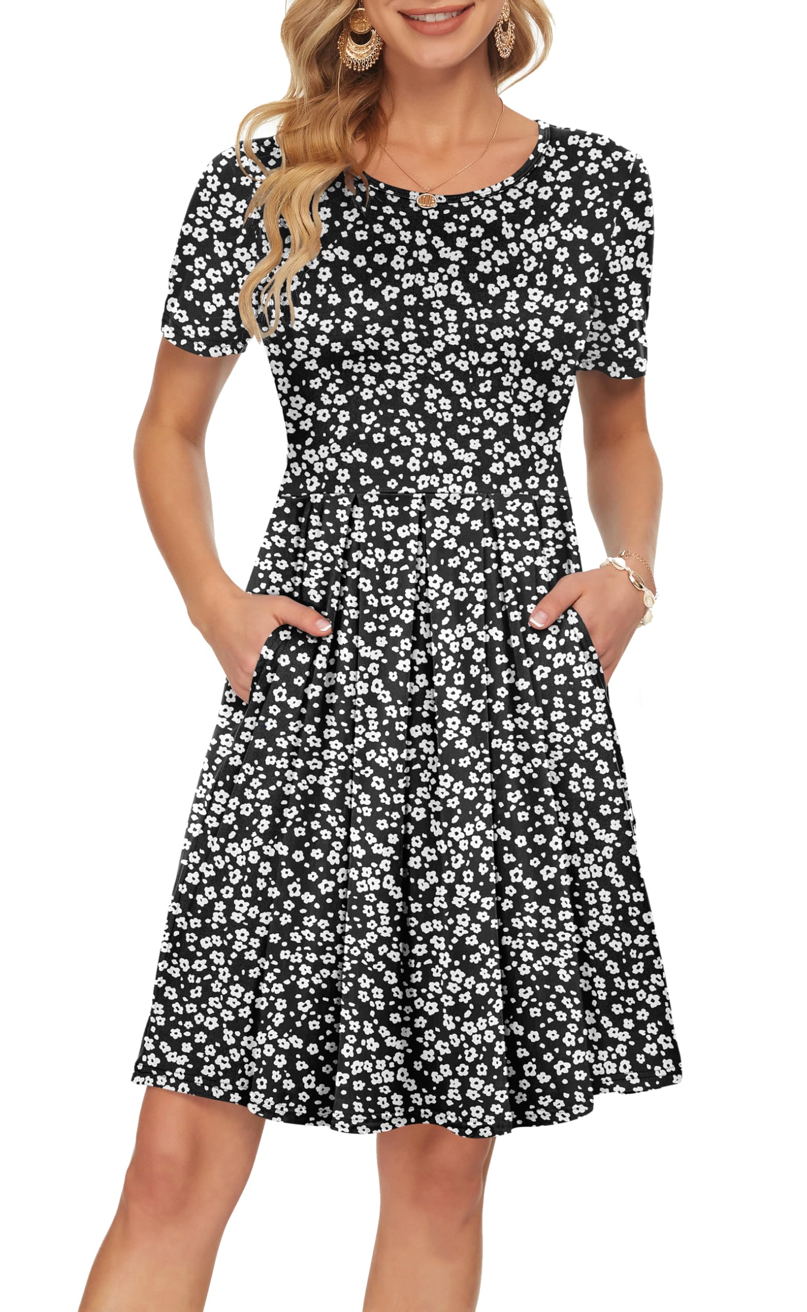 AUSELILY Women's Short Sleeve Pleated Swing Summer Dress with Pockets