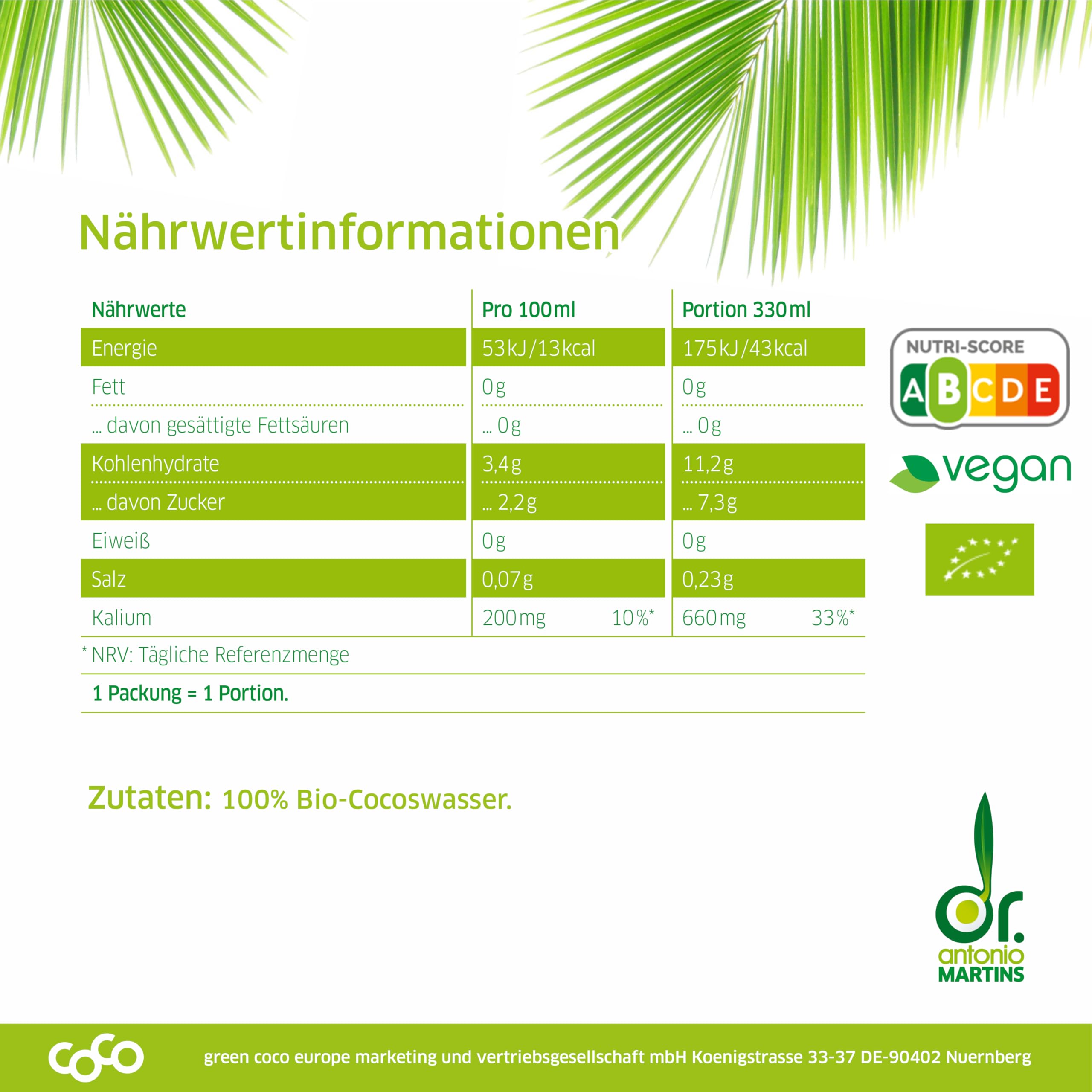 Dr. Antonio Martins - Coconut Water Pur | 100% Bio-Cocoswasser I Natürlich Erfrischend I Ohne Zusatzstoffe I Vegan I Bio | FAIRTRADE (15x 330 ml)