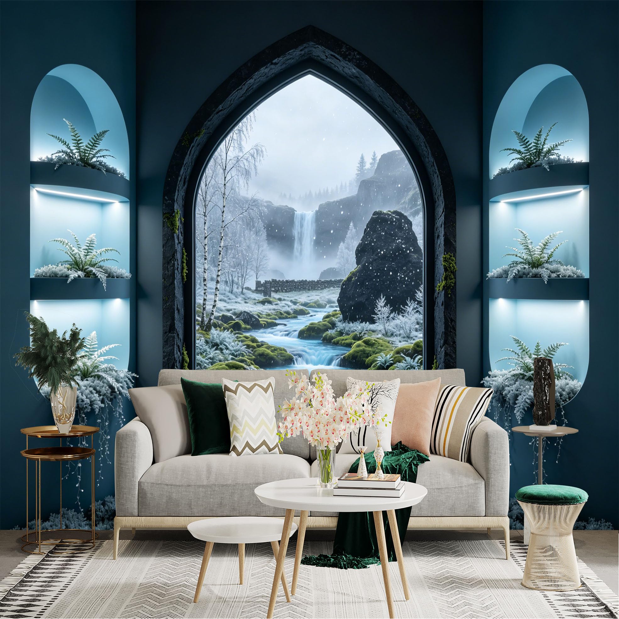 Custom Size Wall Sticker Mural， Winter Waterfall View Through Arch Window with Moss Rocks and Ferns， for wall Decoration， peelandstick wall Decals.