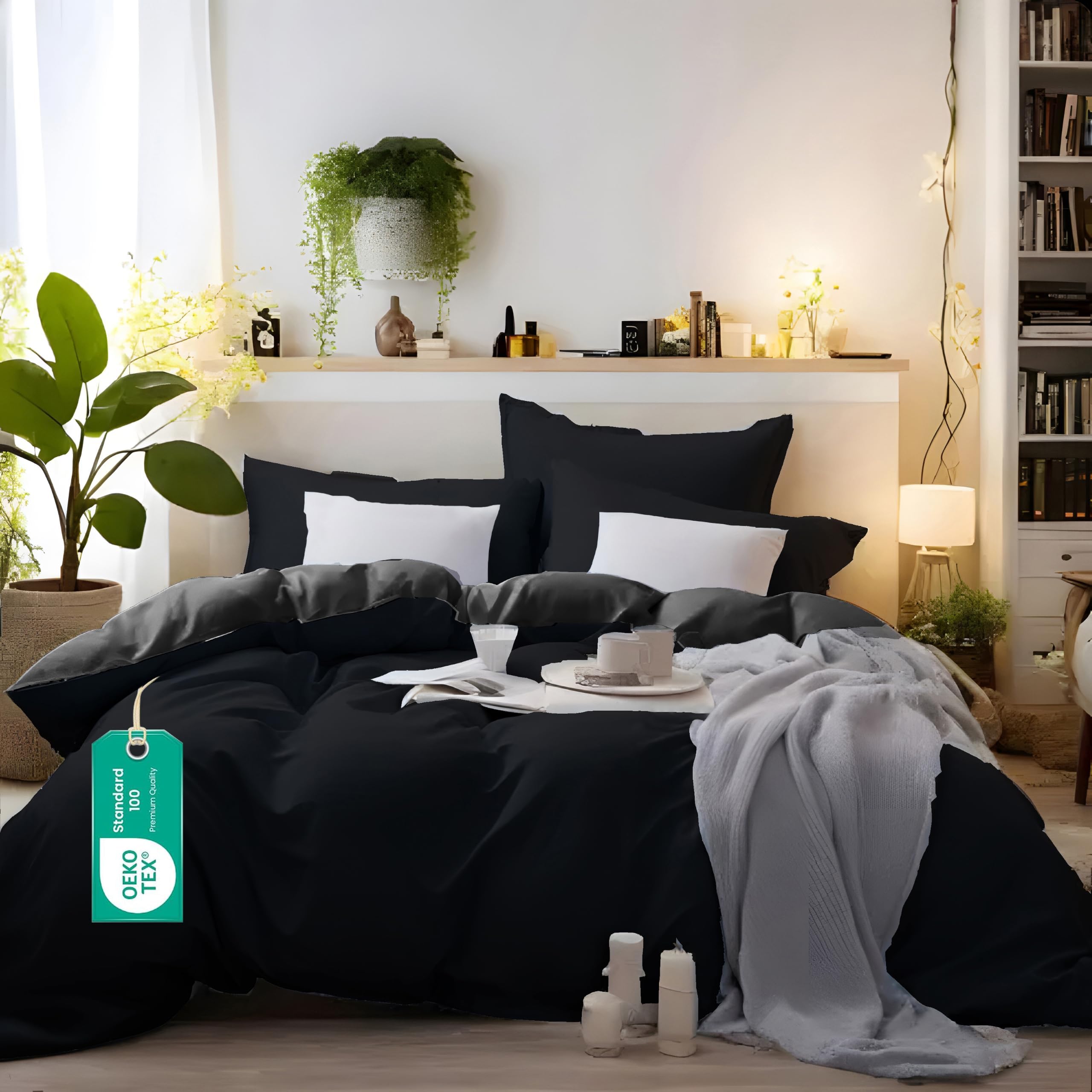 MOHAP Warm Bedding Double Duvet Cover Set Plain Brushed Microfiber Bedding 1 Duvet Cover with 2 Zippers and 2 Pillowcases Black and Grey