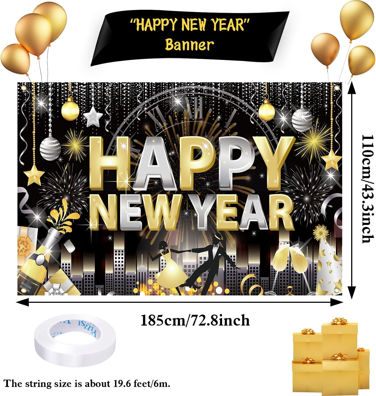 HOWAF Happy New Year Banner, Happy New Year Decorations 2026 Backdrop New Years Eve Party Supplies Photo Background Banner for Black Gold NYE Decorations, 72.8 * 43.3 inch