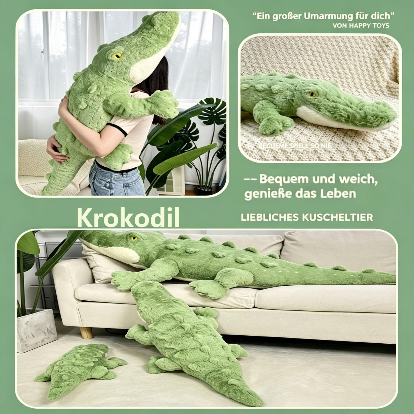 Krokodil Kuscheltier XXL, Groß Krokodil Stofftier Riesen Kuscheltier, Realistische Krokodil-PlüSenspielzeug Kissen, Krokodilkissen Plüschtier, Geschenk für Mädchen Jungen (115cm)