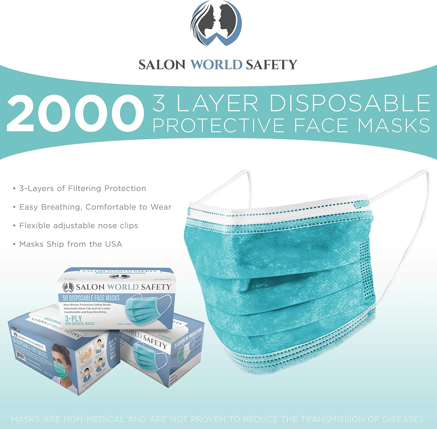 Best Cyber Deals 🔥 TCP Global Salon World Safety - Aqua Face Masks 40 Boxes (2000 Masks) Breathable Disposable 3-Ply Protective PPE with Nose Clip and Ear Loops