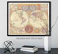 Vista 4 de Gabby's Choice Mapa antiguo del mundo - Impresión artística sin marco de 11 x 14 pulgadas, gran decoración vintage para el hogar, mapa del mundo