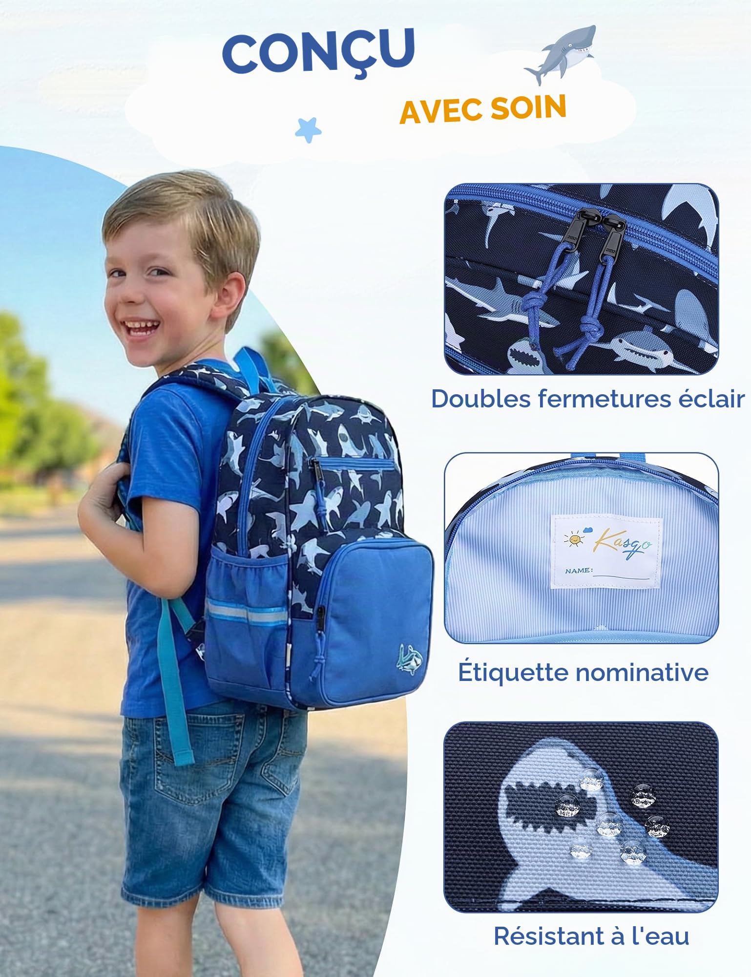 Cartable Garçons Primaire, Sac à Dos Enfant 5-8 Ans, Requin Bleu