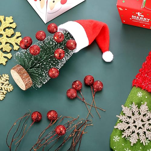 Miniatura 5 de Bayas artificiales BBTO, 100 bayas artificiales de 0.4 pulgadas, decoración de bayas falsas en alambre, para decoración de árbol de Navidad, corona