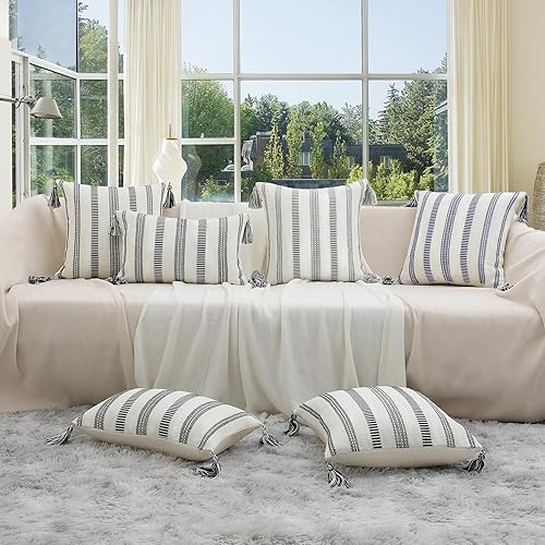 Miniatura 7 de Smile Bee Juego de 2 fundas de almohada bohemias para exteriores, decorativas, lumbares, a rayas, con borlas, para sofá y cama, 12 x 20 pulgadas,