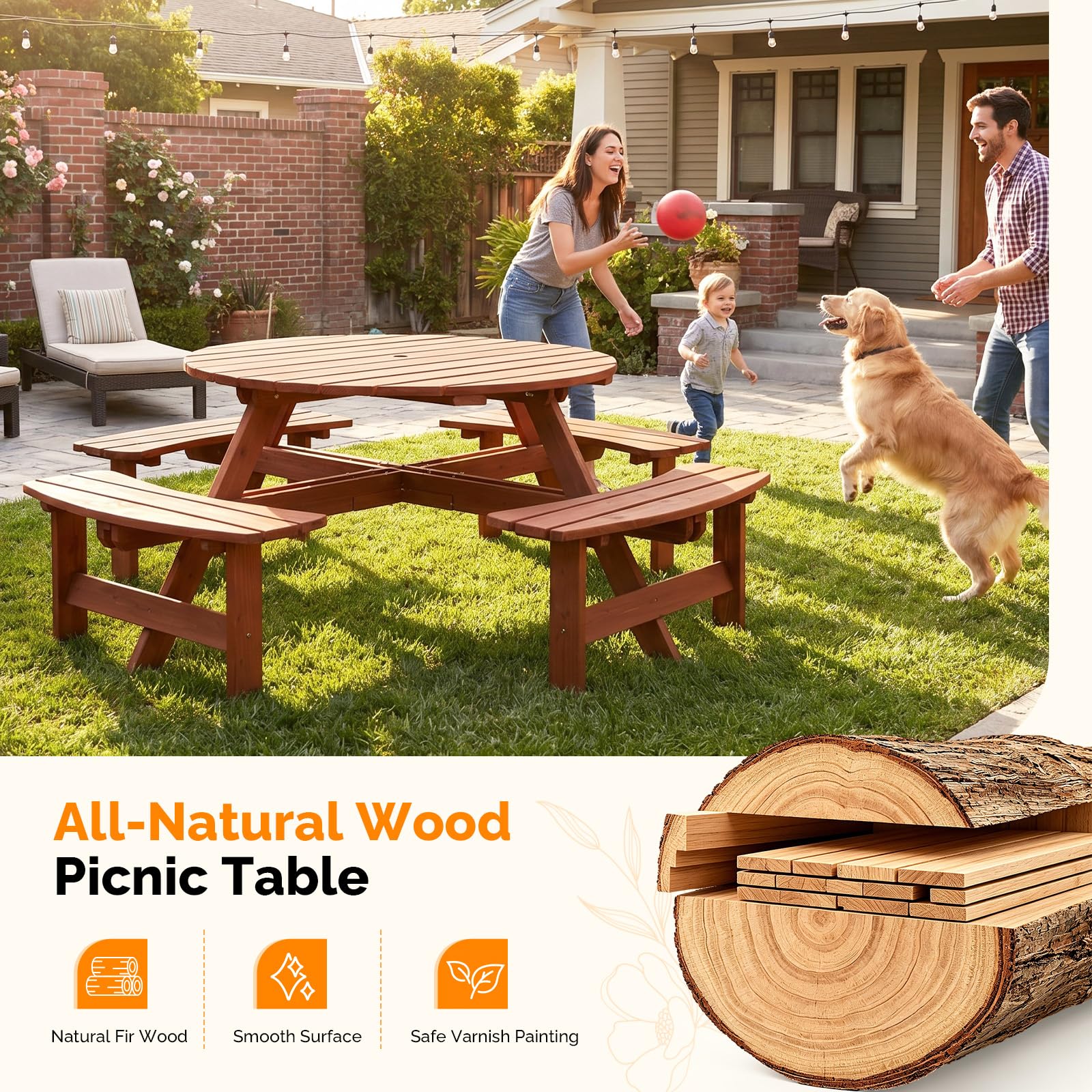 VINLGI Picknicktisch Set für 8 Personen,Biertischgarnitur Holz mit 4 Bänken & Schirmloch, Gartenmöbel Set Wetterfest,Esssets Terrasse, Hof, Garten&Veranda (Rund&Dunkelbraun)