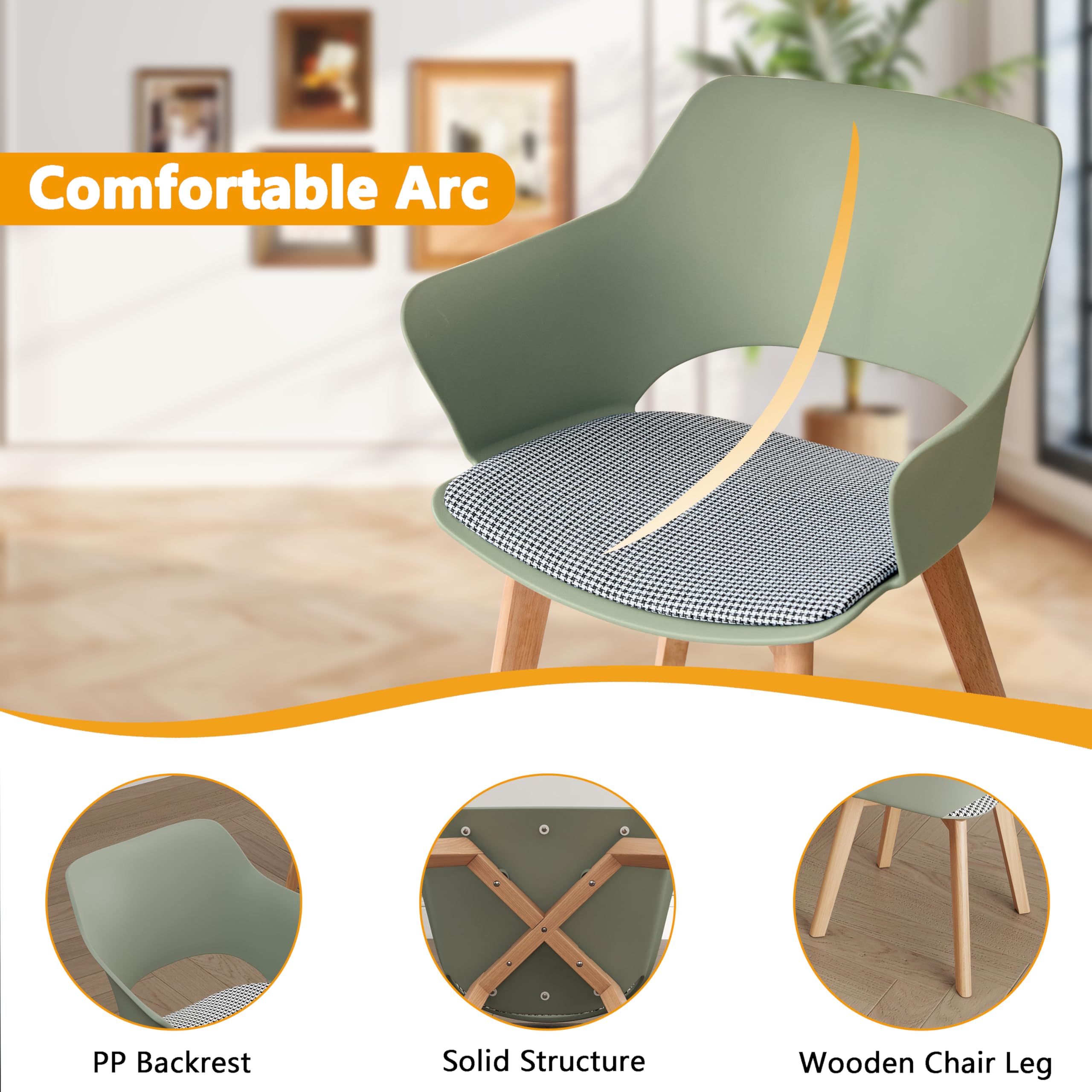 Set di 4 Sedie da Pranzo Scandinave, Sedia da Pranzo in Stile Nordico con Braccioli, Gambe in Faggio, Sedia da Cucina Imbottita in Plaid di Lino - Bianco+Rosso+Verde Chiaro+Blu