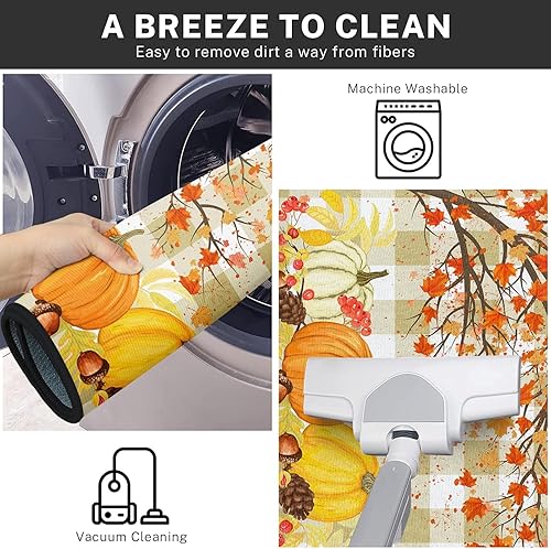 Miniatura 6 de Arttown Juego de 2 alfombras y tapetes de cocina de otoño, antideslizantes, lavables, juego de 2, calabazas de Acción de Gracias, cosecha, tapetes