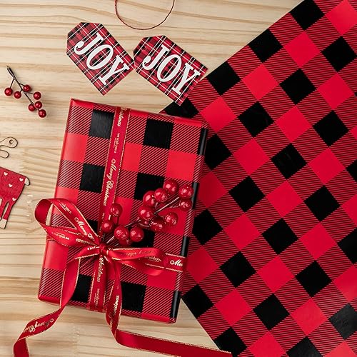 Miniatura 80 de WRAPAHOLIC Papel de regalo reversible a cuadros, mini rollo, 17 pulgadas x 33 pies, papel de regalo de Navidad a cuadros rojos y negros para 2-Rojo