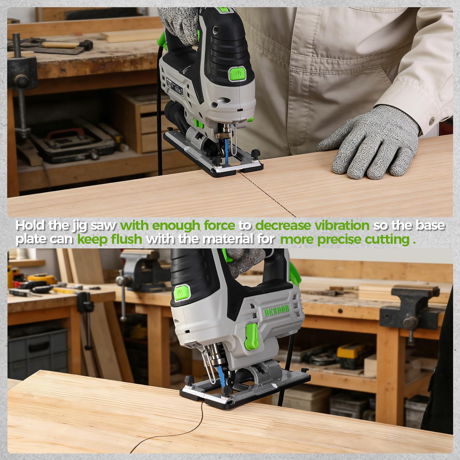 DESOON Sega alternativa da 800 W, Sega per legno con luce LED e laser, velocità variabile da 800 a 3000 SPM, taglio inclinabile ±45°, include 10 lame per sega per tagliare metallo, legno e plastica