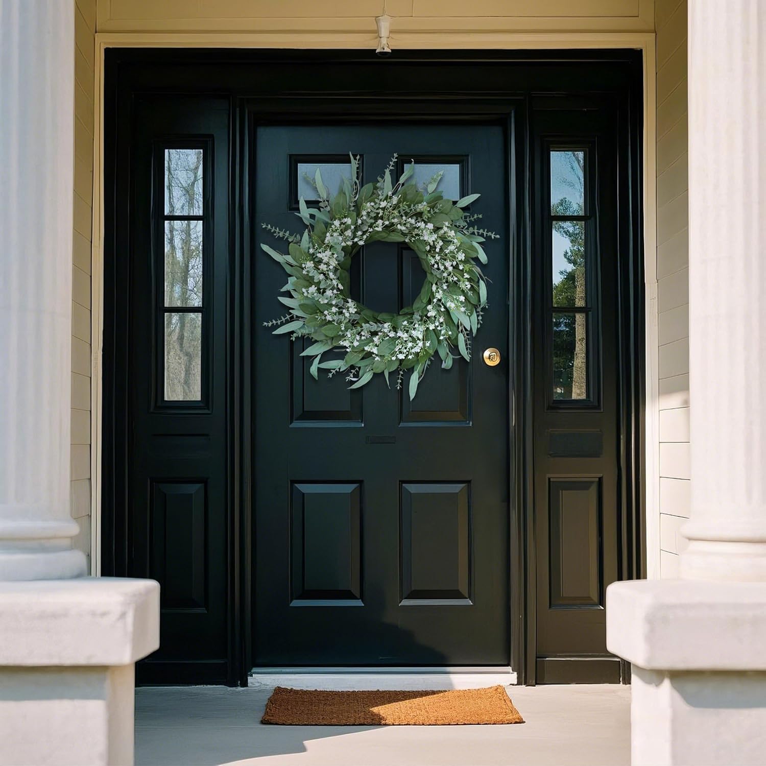 26'' Eucalyptus and Babys Breath Flowers Wreath for Front Door - Large Artificial Greenery Outdoor Wreath for Porch,Window,Farmhouse,Home,Hanging Decor- Spring, Summer, All Seasons (Green-White) - Image 2