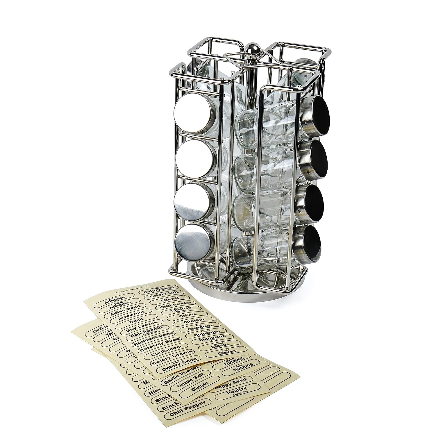 RSVP International Revolving Chrome Rack Set, Includes 16 Spice Jars | 9" x 11.5" | Keeps Salts, Peppers, Cumin, Garlic, Cinnamon, Herbs Fresh | Comes w/Labels, One Size, Multi Color