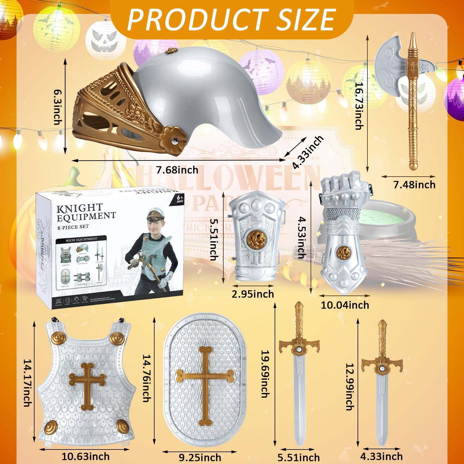 8 Pcs Knight Armor Set for Kids Medieval Knight Costume with Knight Helmet Sword Weapons Accessories God Christian Character Dress up for Kids Halloween Royal Knight Costume 2-5 Years Dress up Gift