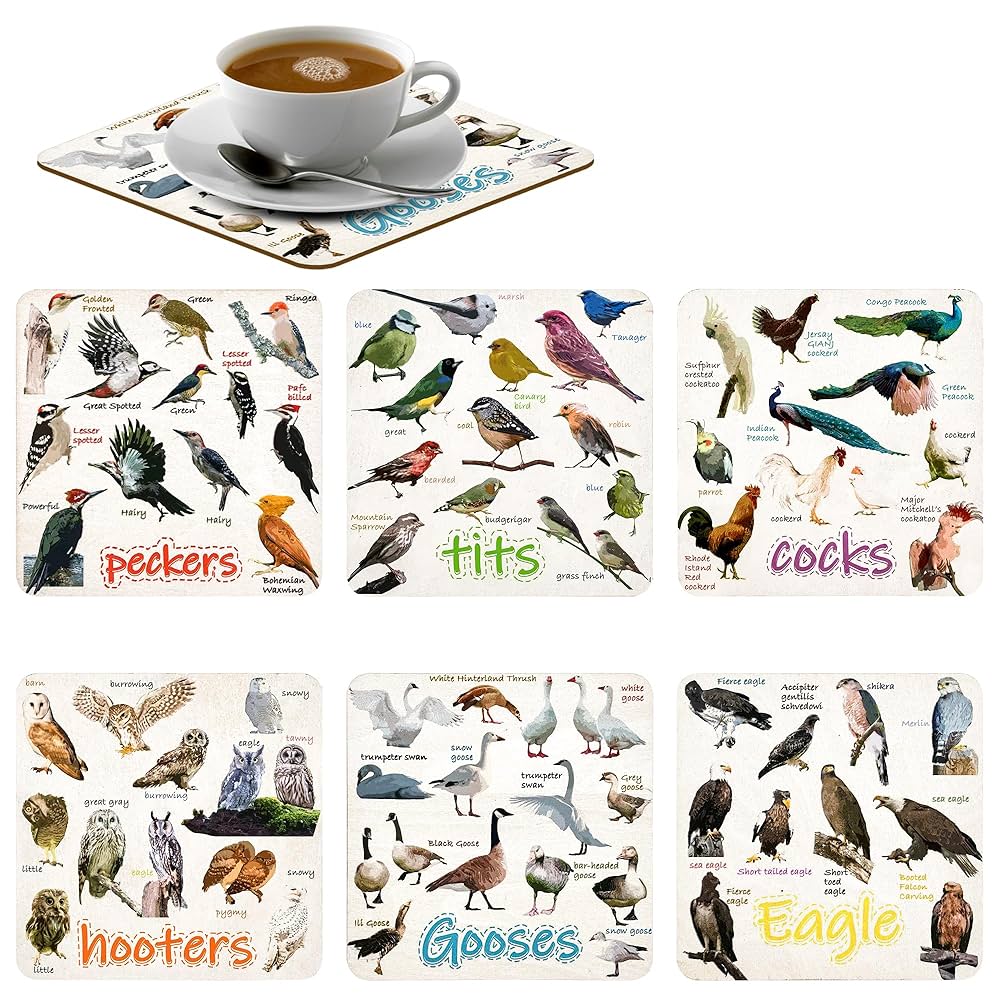 6 Wild Bird Drinks Coasters Funny Pun Tea Coffee MDF With Non