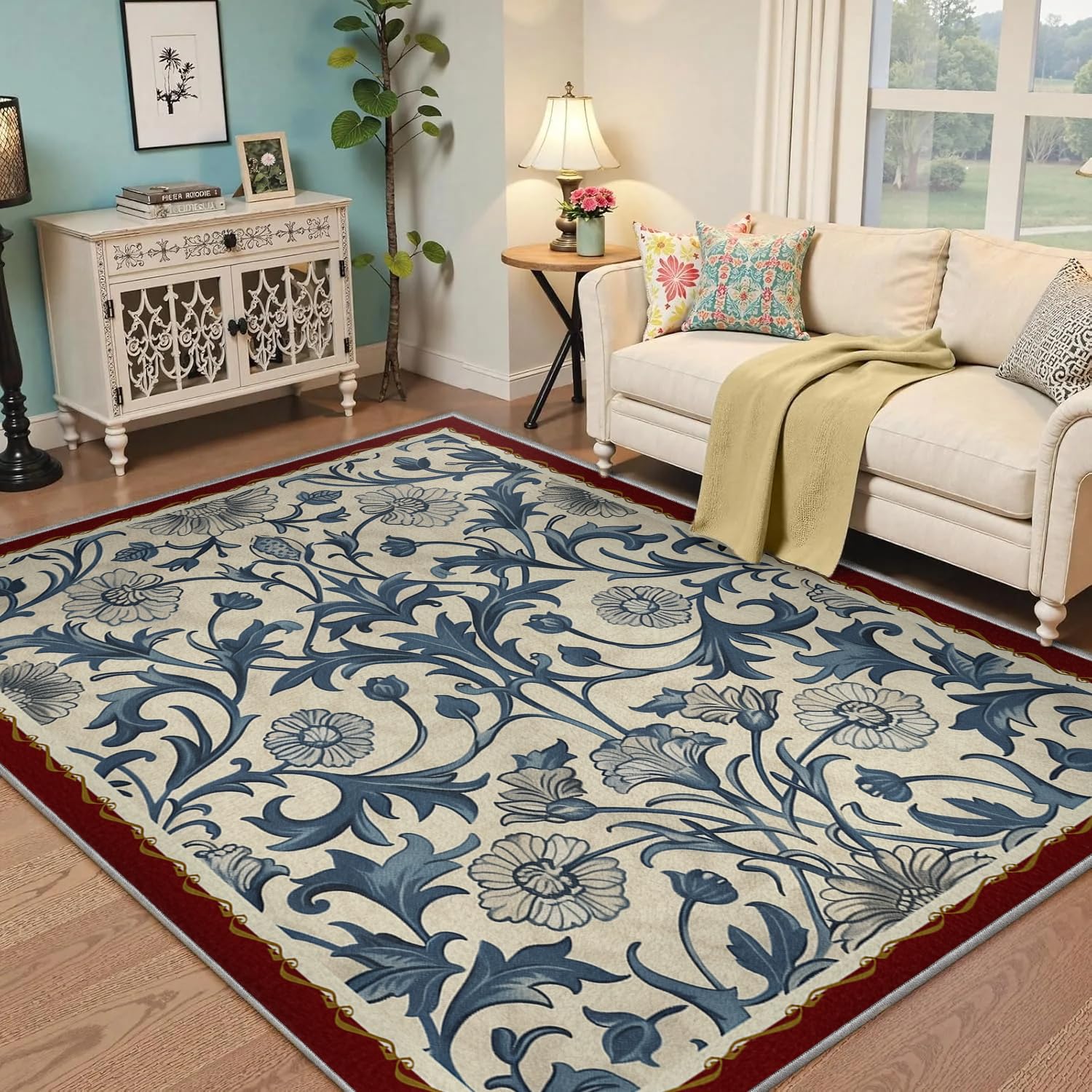 Tapis 90x150cm bleu lavable style aquarelle pour salon et chambre