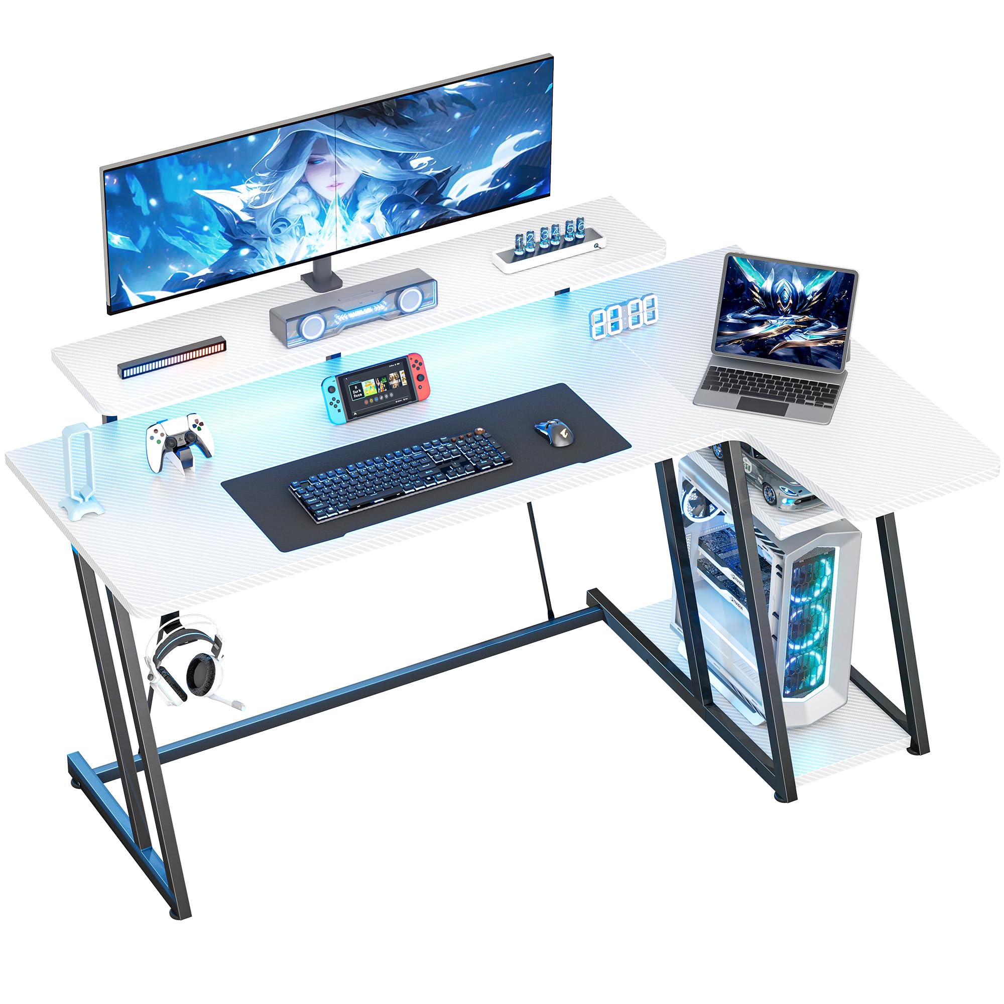 HOMIDEC Gaming Desk with LED Lights, 140CM Computer Desk with Monitor Stand, L Shaped Corner Desk with Headphone Hook and Shelves for Gaming Room, Bedroom, Office, White