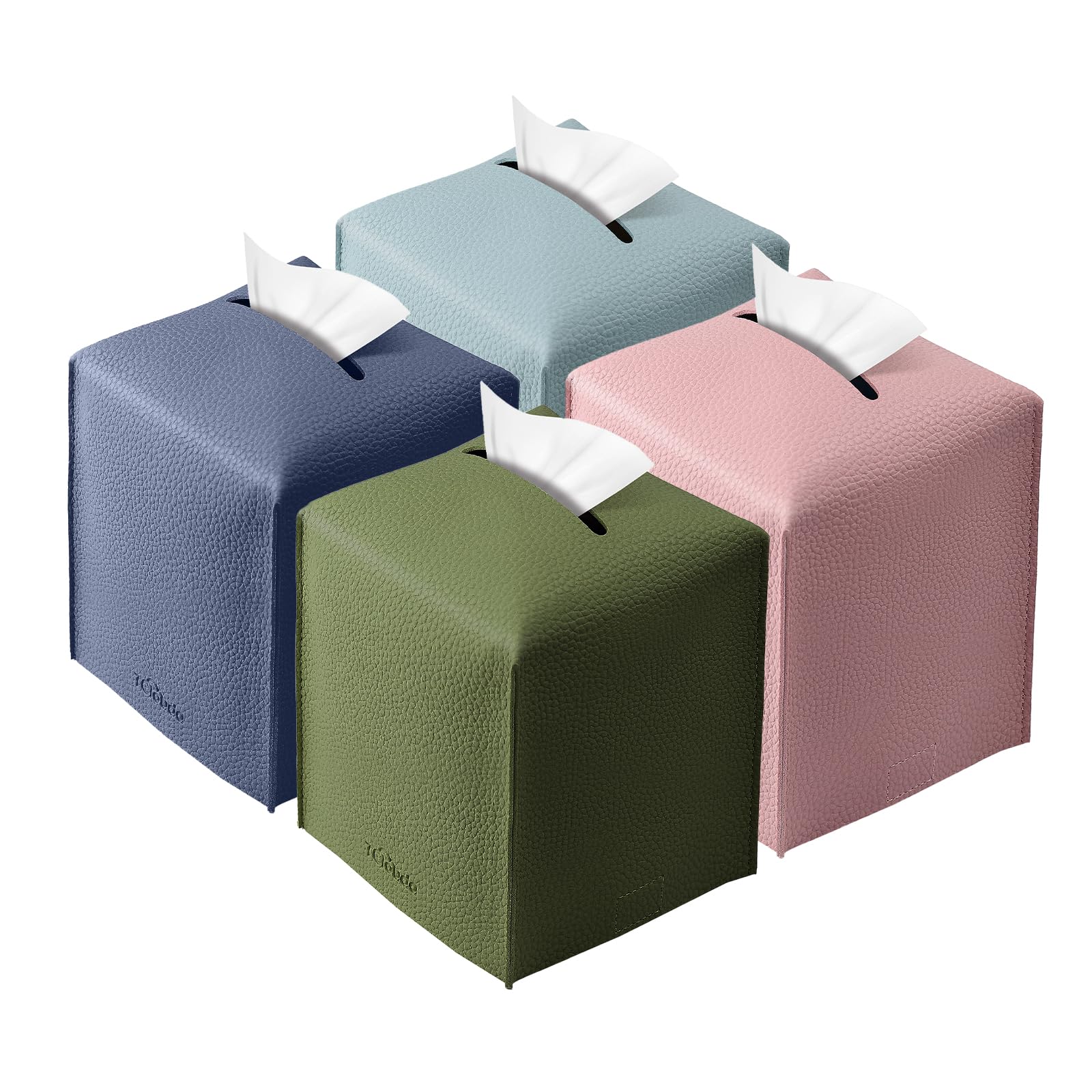Tissue Box Cover, Tclouda, Modern PU Leather Square Tissue Box Holder for Creative Decorative, 4 Pack, Ideal for Bathrooms/Office/Nightstand Tent/Dining Table, 5"X5"X5", Navy Blue&Green&Pink&Blue