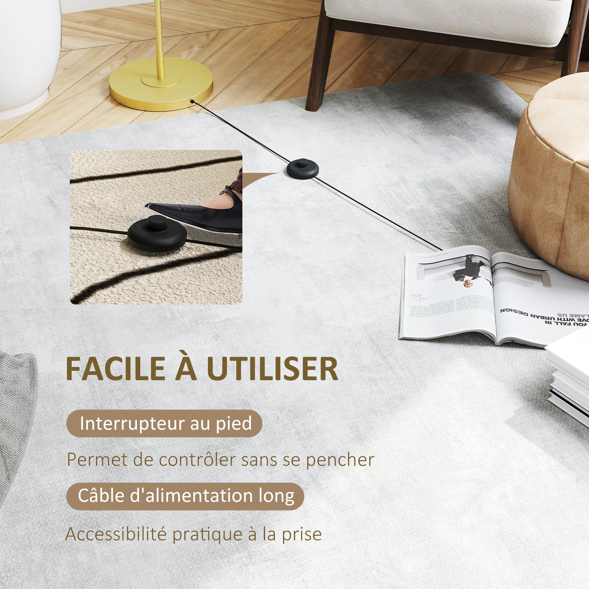 HOMCOM Lampadaire sur Pied Salon Abat-Jour Tissu Effet Lin Doré et Blanc