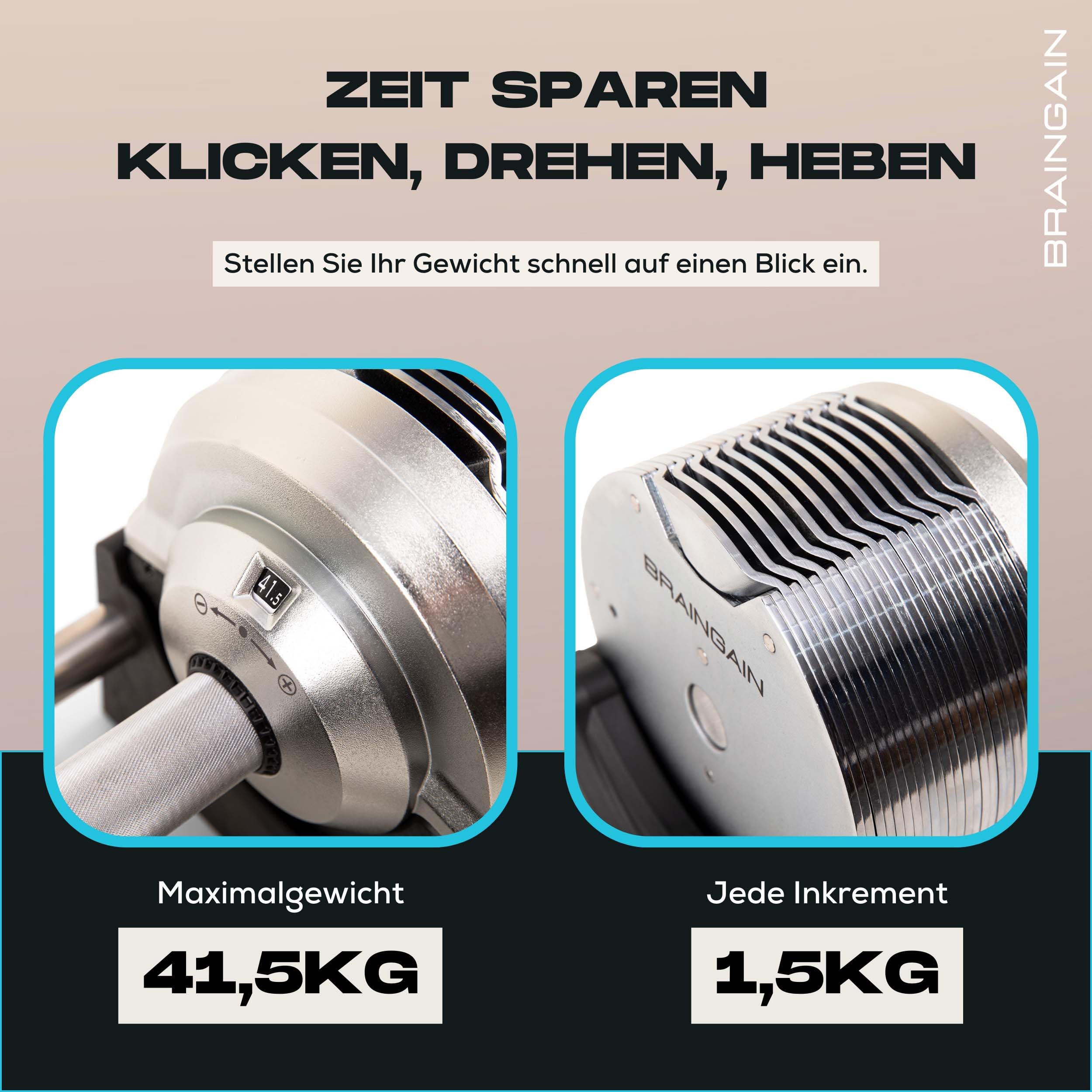 BRAINGAIN Verstellbare Kurzhantel Set 23,5kg / 32,5kg / 41,5kg – Jetzt mit 34mm Gen 4-Griff – Gewichte in 1 Sek wechseln – Platzsparendes Homegym – Mehrere Gewichte in einem – Chrom/Schwarz