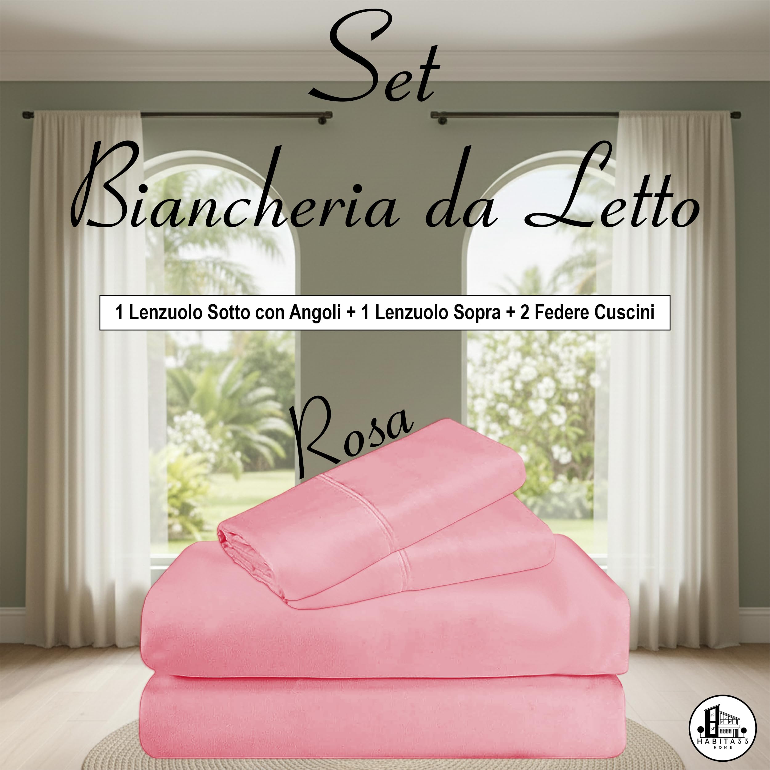 Lenzuola matrimoniali - Set letto matrimoniale completo di lenzuolo matrimoniale Sopra, Sotto con Angoli e Federe - Lenzuola matrimoniali cotone blend anallergico Made in Italy (Rosa, MATRIMONIALE)