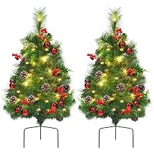 GOFLAME Set of 2 29" Pre-Lit Outdoor Pathway Christmas Tree, Battery Operated Xmas Urn Filler with 30 LED Lights, Pine Cones, Red Berries & Red Balls, 8 Flash Modes for Porch Driveway Yard Garden