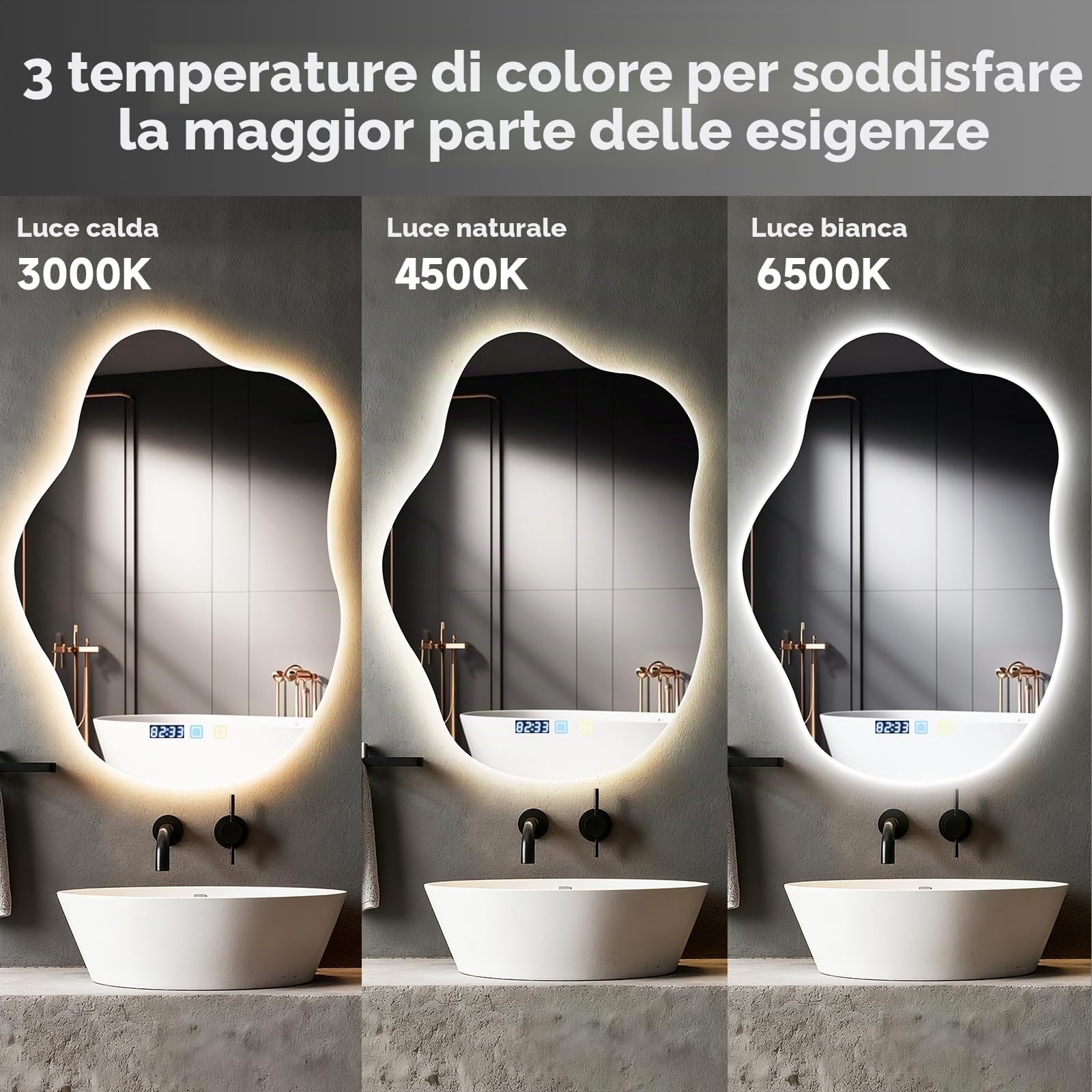Specchio da bagno con illuminazione,specchio cosmetico a forma di nuvola 70x50 cm,3 colori di luce,dimmerabile, antiappannamento,interruttore touch,per soggiorno,camera da letto, ingresso