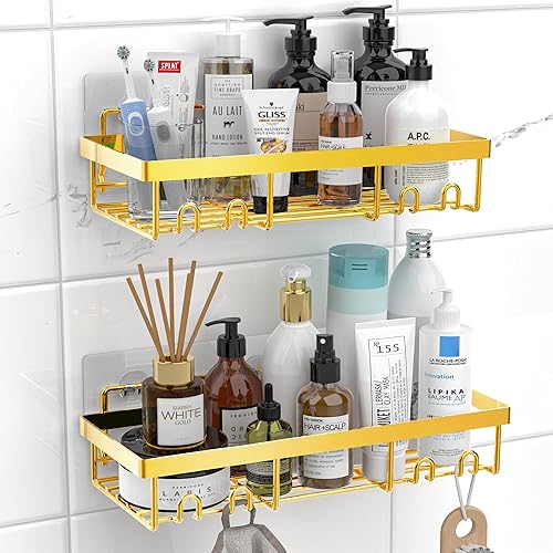 Moforoco Estante organizador de estante para ducha, cesta autoadhesiva negra para estantes de baño, decoración interior de pared de casa de campo,