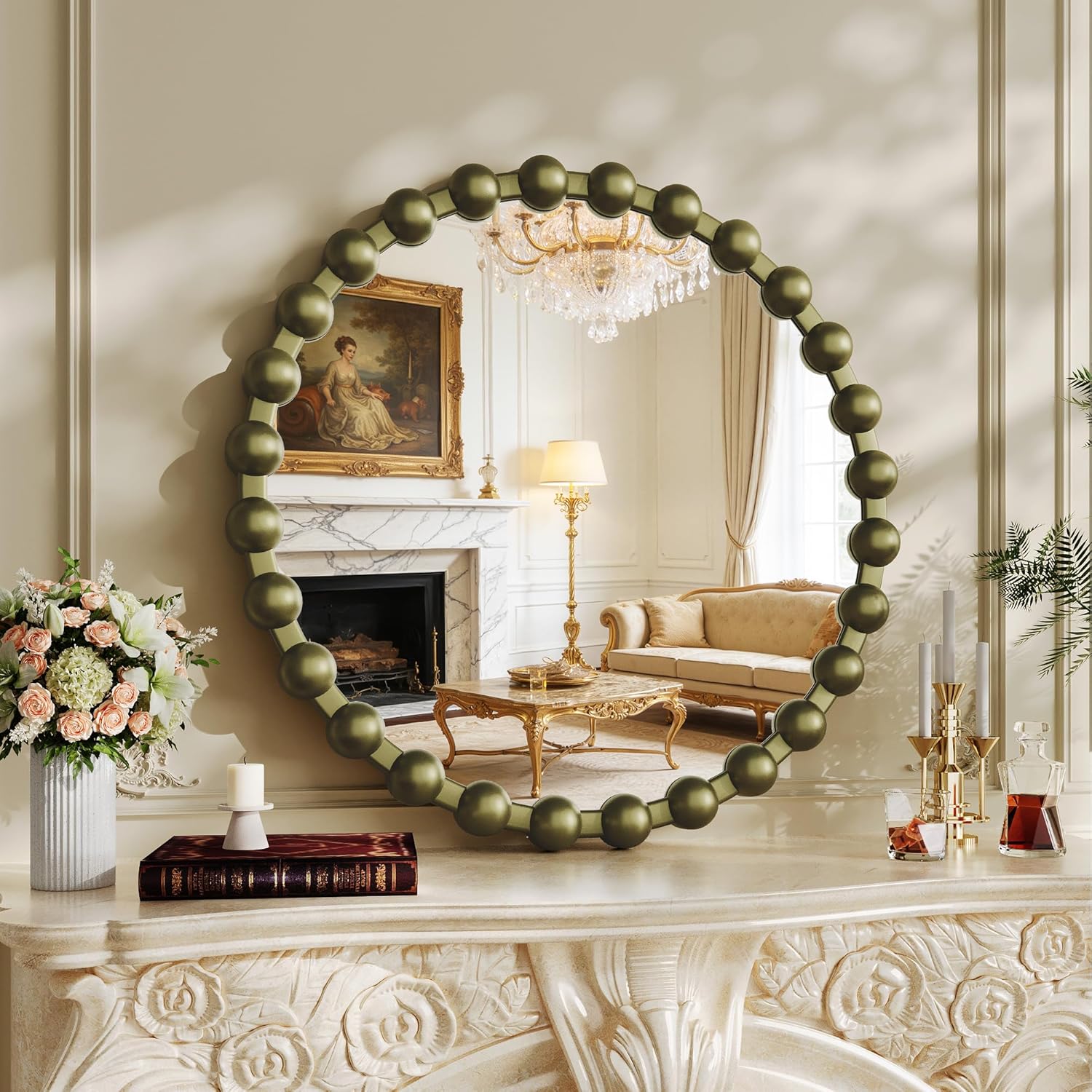 Round Vintage Vanity Mirror, 24 Inch Beaded Frame Circle Wall Mirror for Bathroom, Bedroom Dresser, Entryway, Living Room, Decorative Hanging Wall Mirror, Bronze