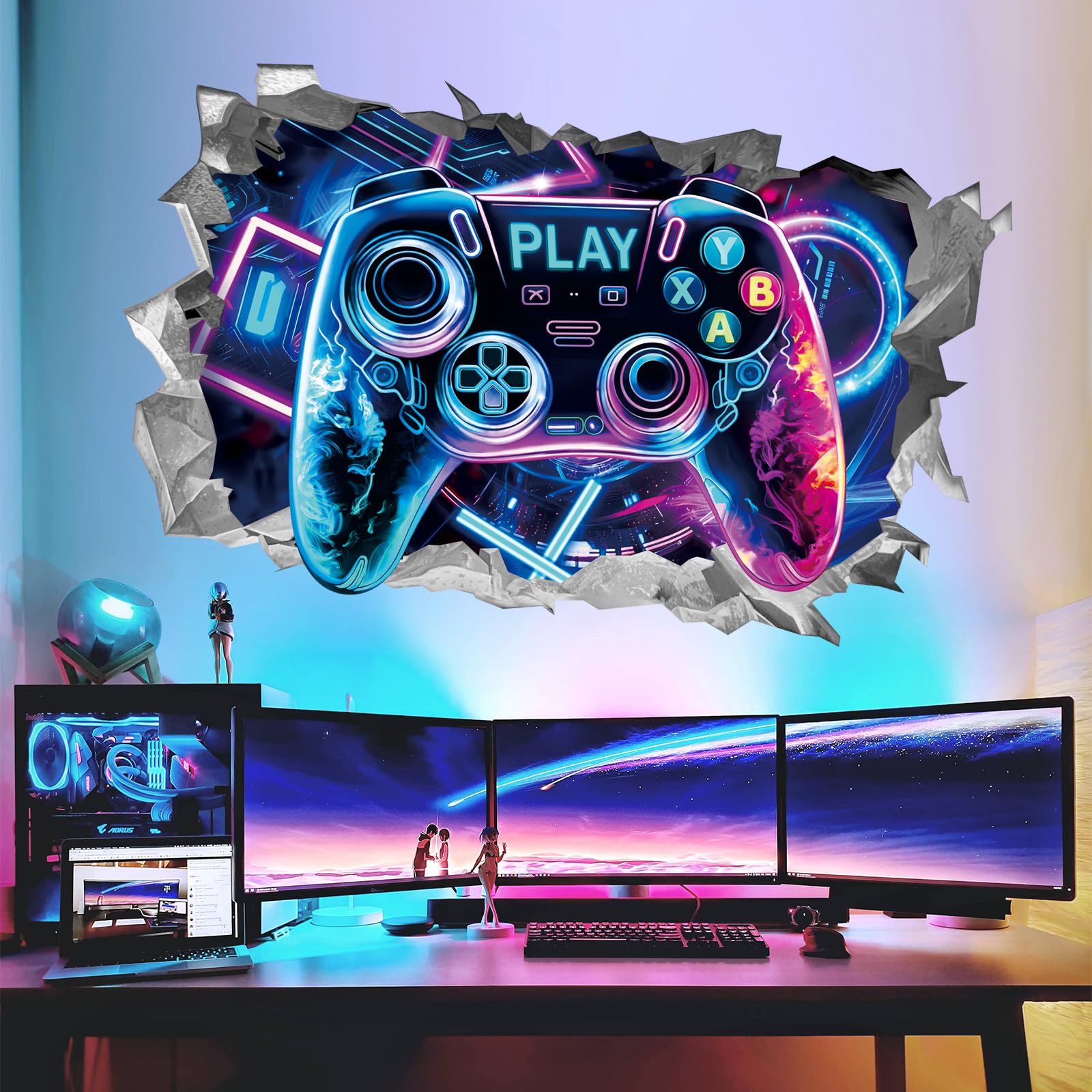 wondever 3D Game Wall Stickers Gamer Controller Gaming Peel and Stick Wall Art Decals for Teenagers Boy Bedroom Playroom