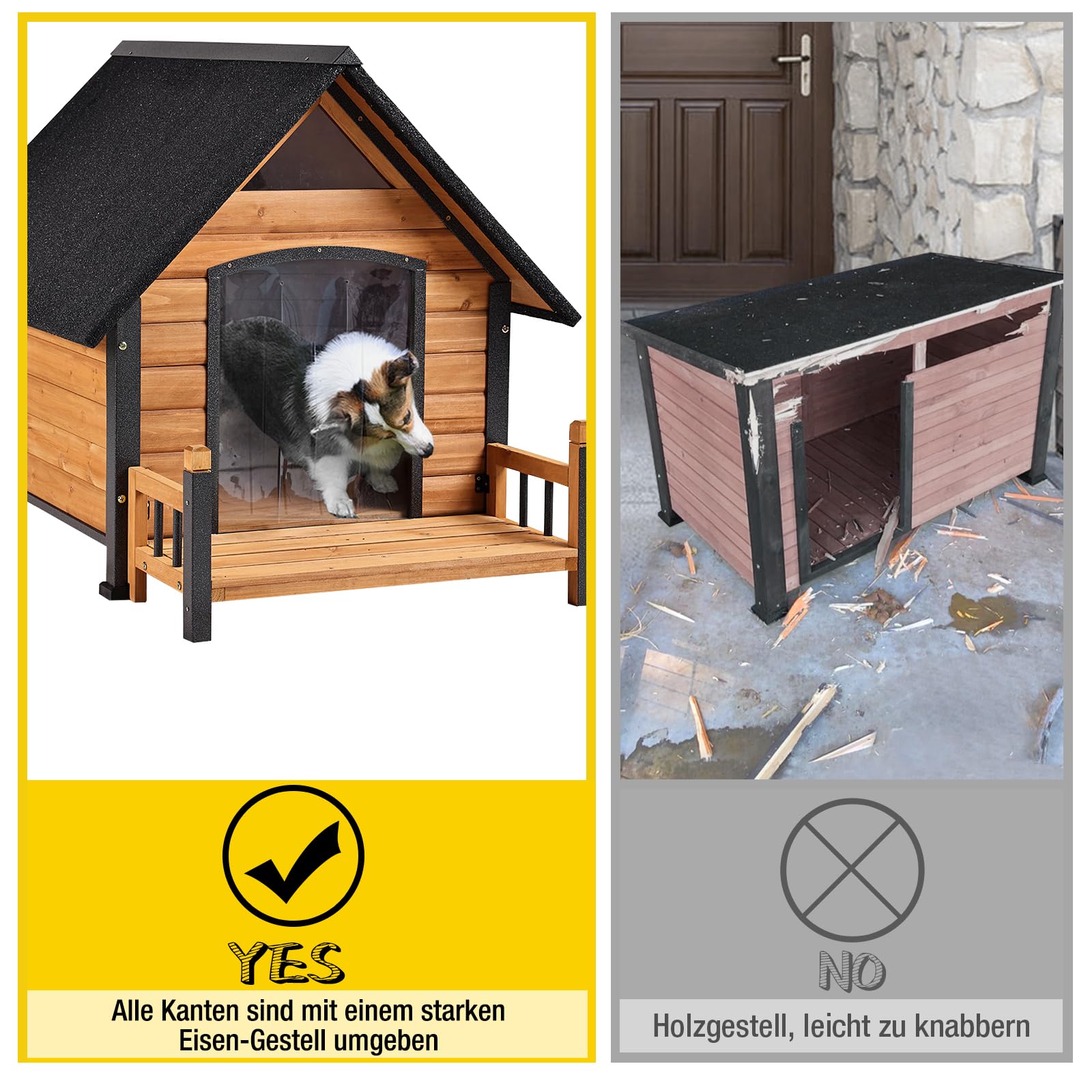 Aivituvin Outdoor Hundehaus, Wasserdichtes Welpen Schutzhaus, Indoor Hundehütte mit erhobenem Boden, beißgeschütztes Design, für kleine bis mittlere Hunde mit Veranda (Braun, L)