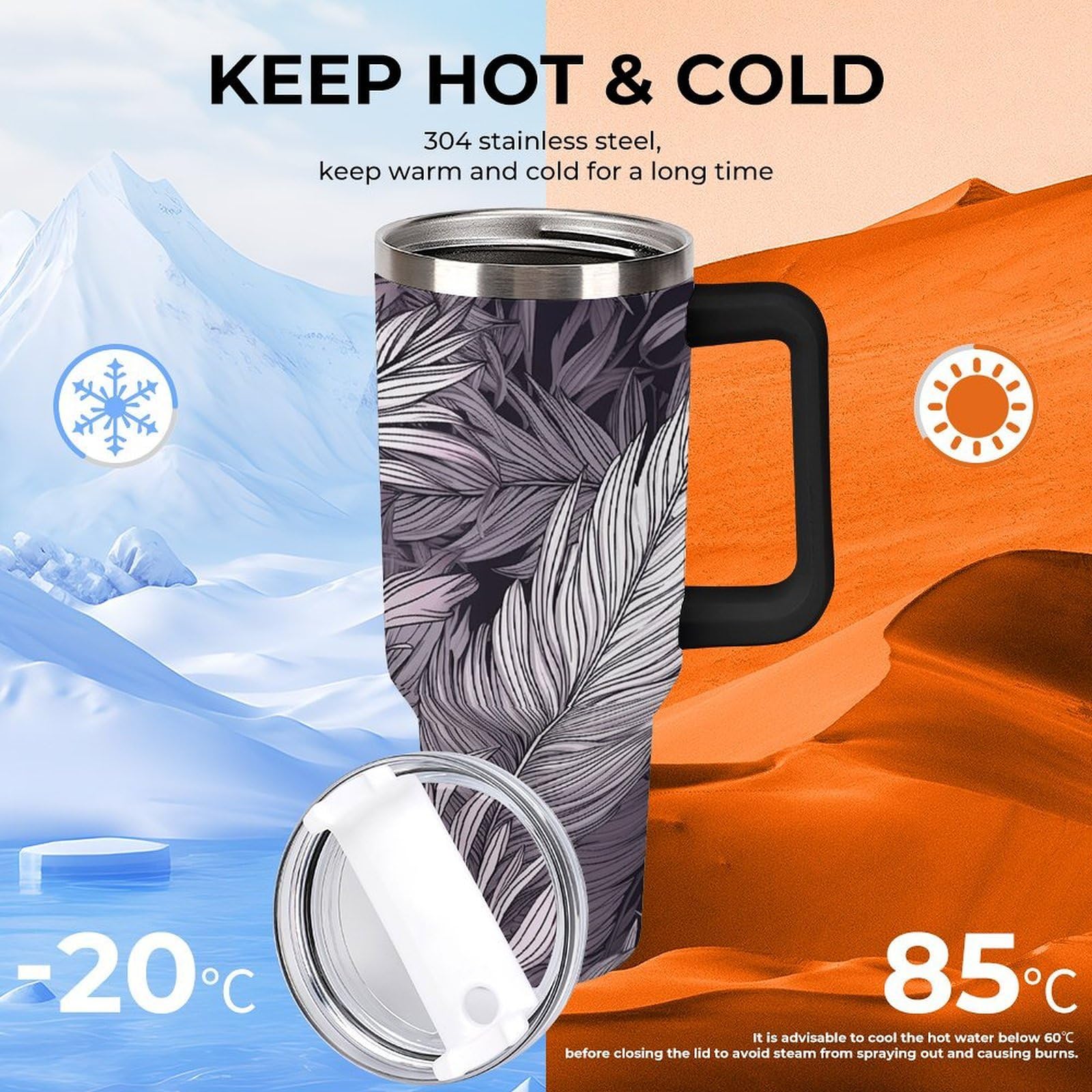 Tazas de hojas de palma moradas con popote y asa, taza de café con aislamiento al vacío de doble pared, botellas de agua para café helado, té, bebida caliente y fría