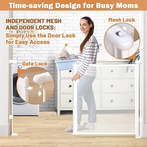 Miniatura 4 de Puertas retráctiles para escaleras, puerta retráctil extra ancha de 78 pulgadas con varillas de apoyo para la casa, puertas de seguridad para bebés