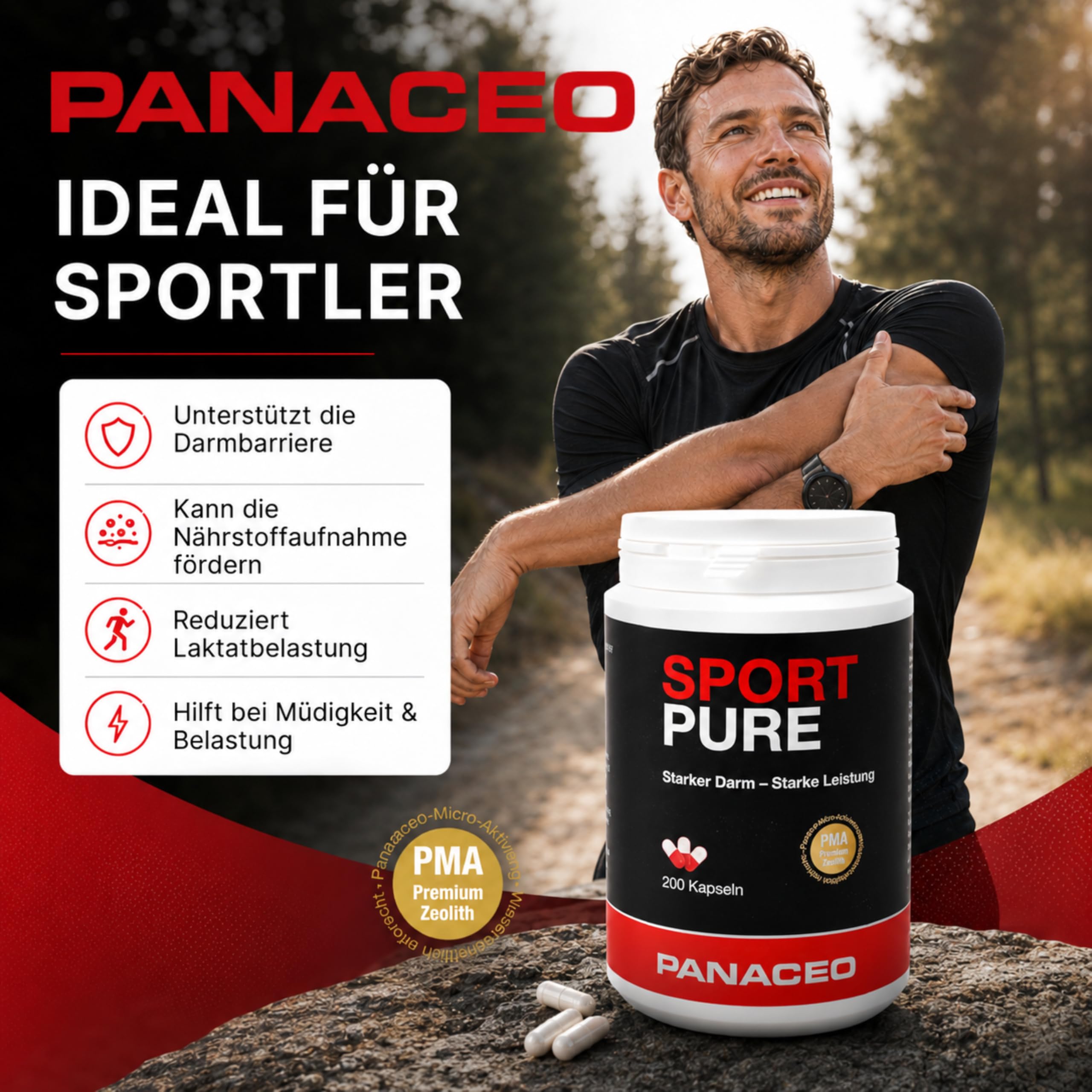 PANACEO Sport Pure – 100% PMA Zeolith 200 Kapseln – Ergänzungsmittel zur Optimierung der Leistungsfähigkeit & Regeneration – Stärkt den Magen-Darm-Trakt, das Immunsystem & reduziert die Laktabelastung