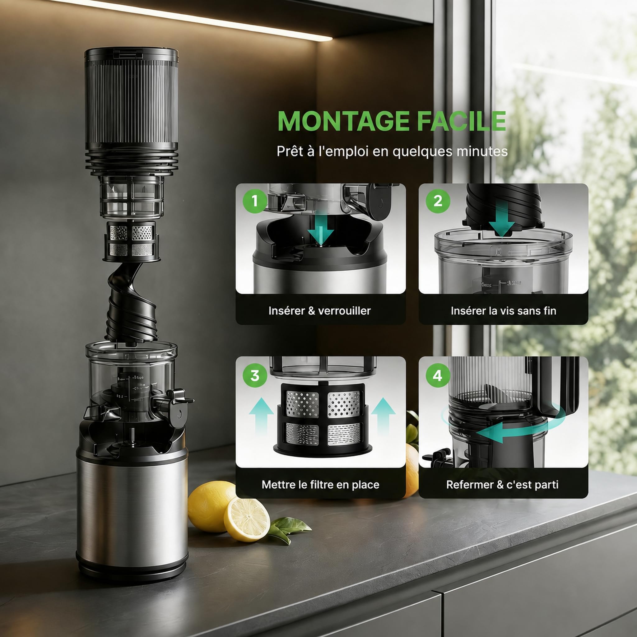 RUIE Extracteur de Jus de Fruits et Légumes, Extracteur de Jus à Grande Ouverture de 130 mm, Slow Juicer de 2 L, Moteur de 250 W, Pression à Froid, Fonction Inversion, Facile à Nettoyer