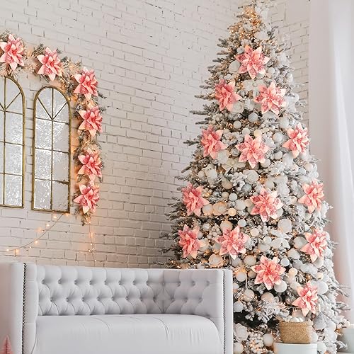 Miniatura 5 de Adornos de flores de Pascua artificiales de Navidad con purpurina y clips y tallos, adornos para árbol de Navidad de Pascua con purpurina para boda