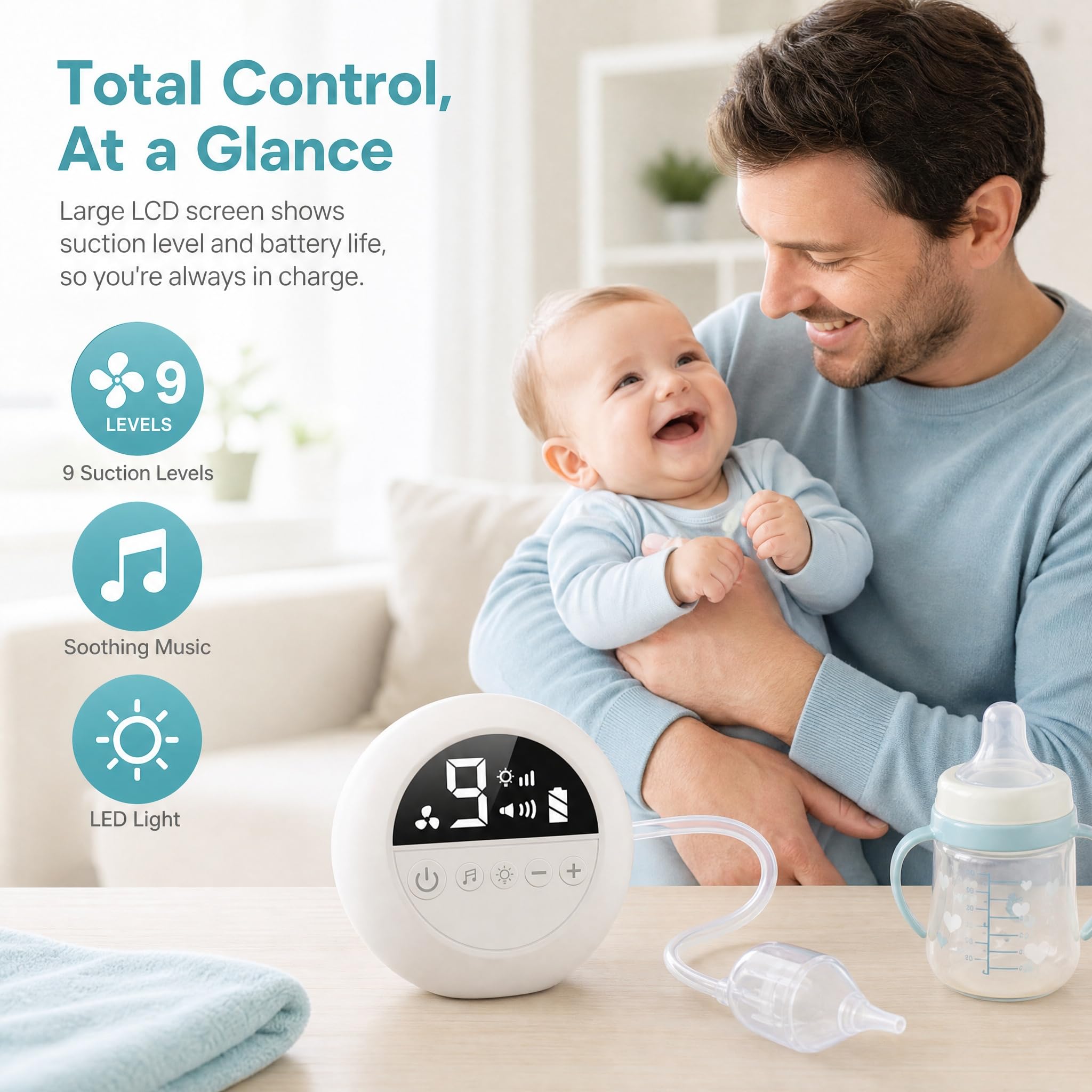 Aspiratore Nasale Elettrico Neonato, 9 Livelli con 3 Punte Silicone | 9 Livelli di Aspirazione | 3 Punte in Silicone Morbido | Ricaricabile USB | Luce Notturna e Musica per Bambini