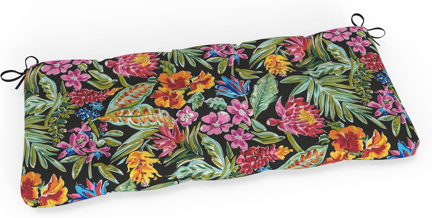 Pillow Perfect Tropic Floral Indoor/Outdoor Sofa Setee Bench Swing Cushion with Ties, Tufted, Weather, and Fade Resistant, 18" x 56", Carena Ebony, 1 Count