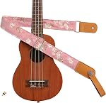 MUSIC FIRST Original Design Vintage “Pink Sakura” Soft Muslin & Genuine Leather Ukulele Strap Ukulele Shoulder Strap With a MUSIC FIRST Genuine Leather Str. Locker