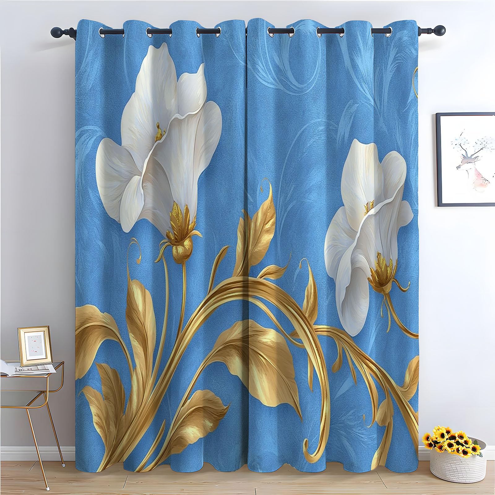 WIKEO Floral Curtains Soft Vintage Floral Pattern Thermal Insulated Blackout Curtain Botanical Flower Print Pattern Window Drapes for Bedroom Living Room-52 W x 96" L (Pack of 2)