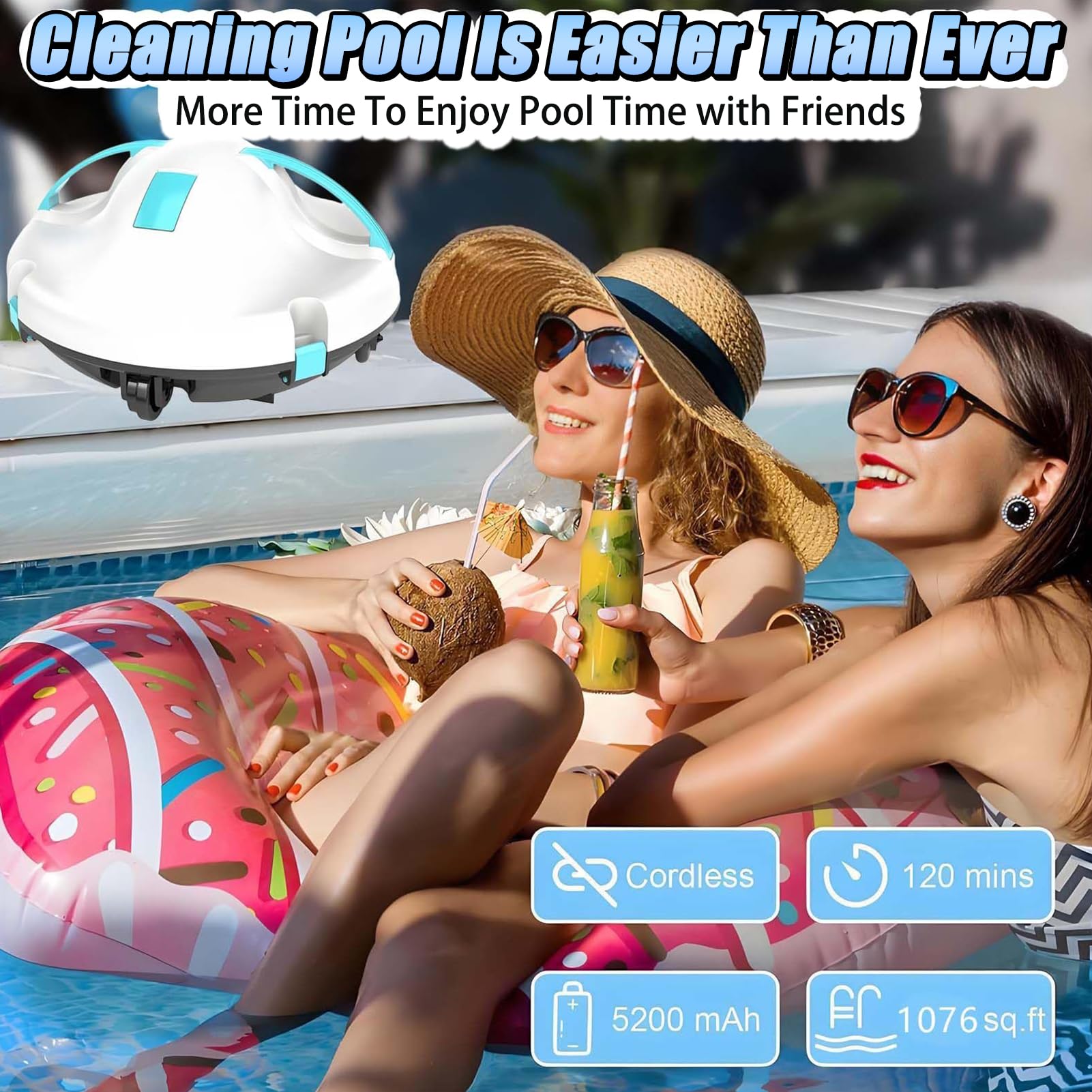 Aspirateur de piscine automatique, robot sans fil avec navigation intelligente et batterie de 5200 mAh, évitement automatique des obstacles, densité de filtre de 180 μm