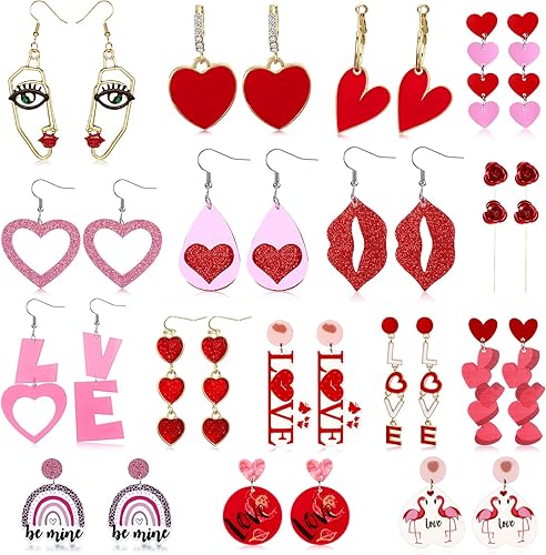 Miniatura 9 de 16 pares de aretes para el día de San Valentín, aretes colgantes rojos con diseño de corazón, aretes acrílicos de leopardo para mujeres y niñas,