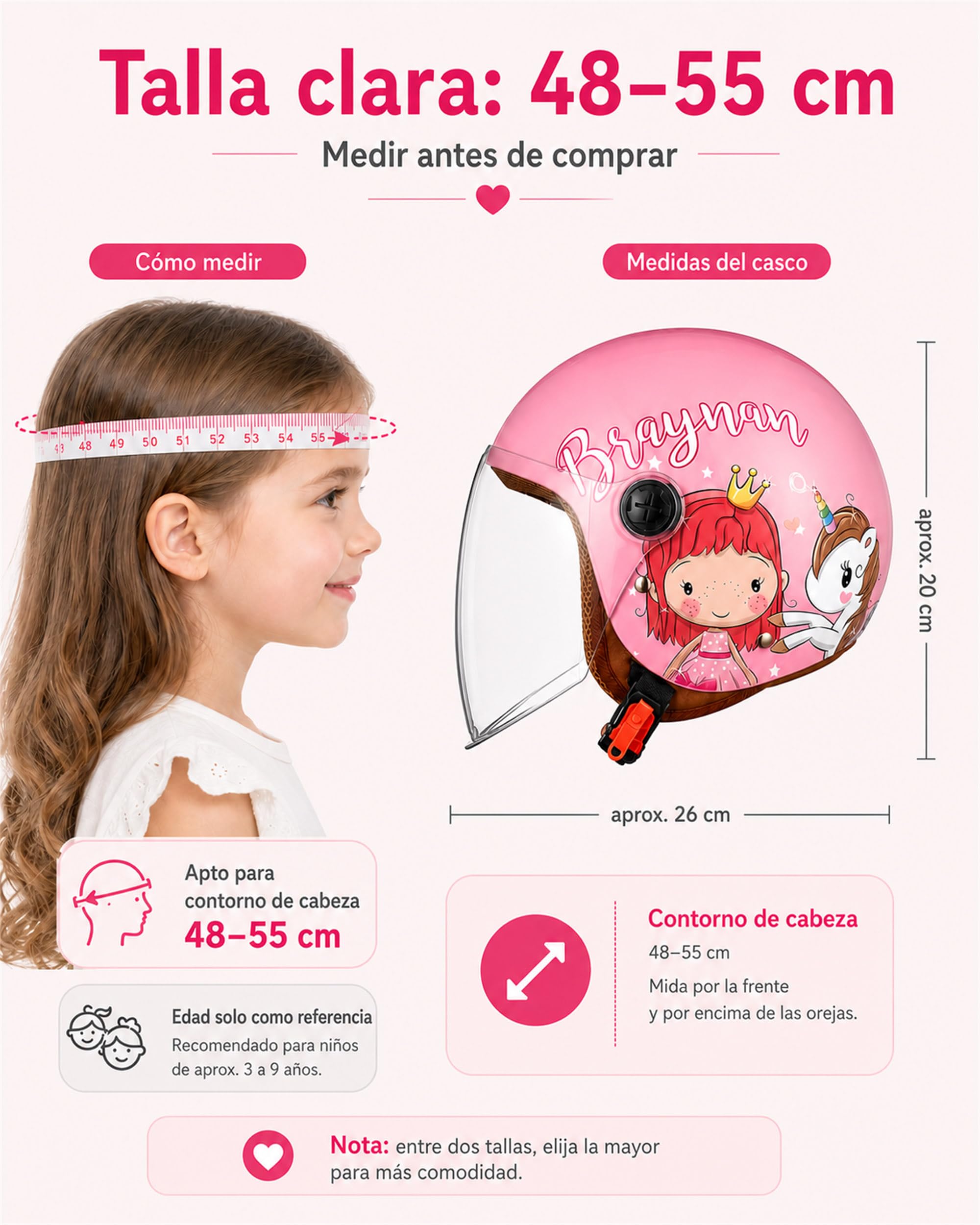 Casco Moto para niños, Casco Jet con Visera, Casco de ciclomotor para , Bolsillo de liberación rápida, 48-55cm, 3 a 12 años, Rosa