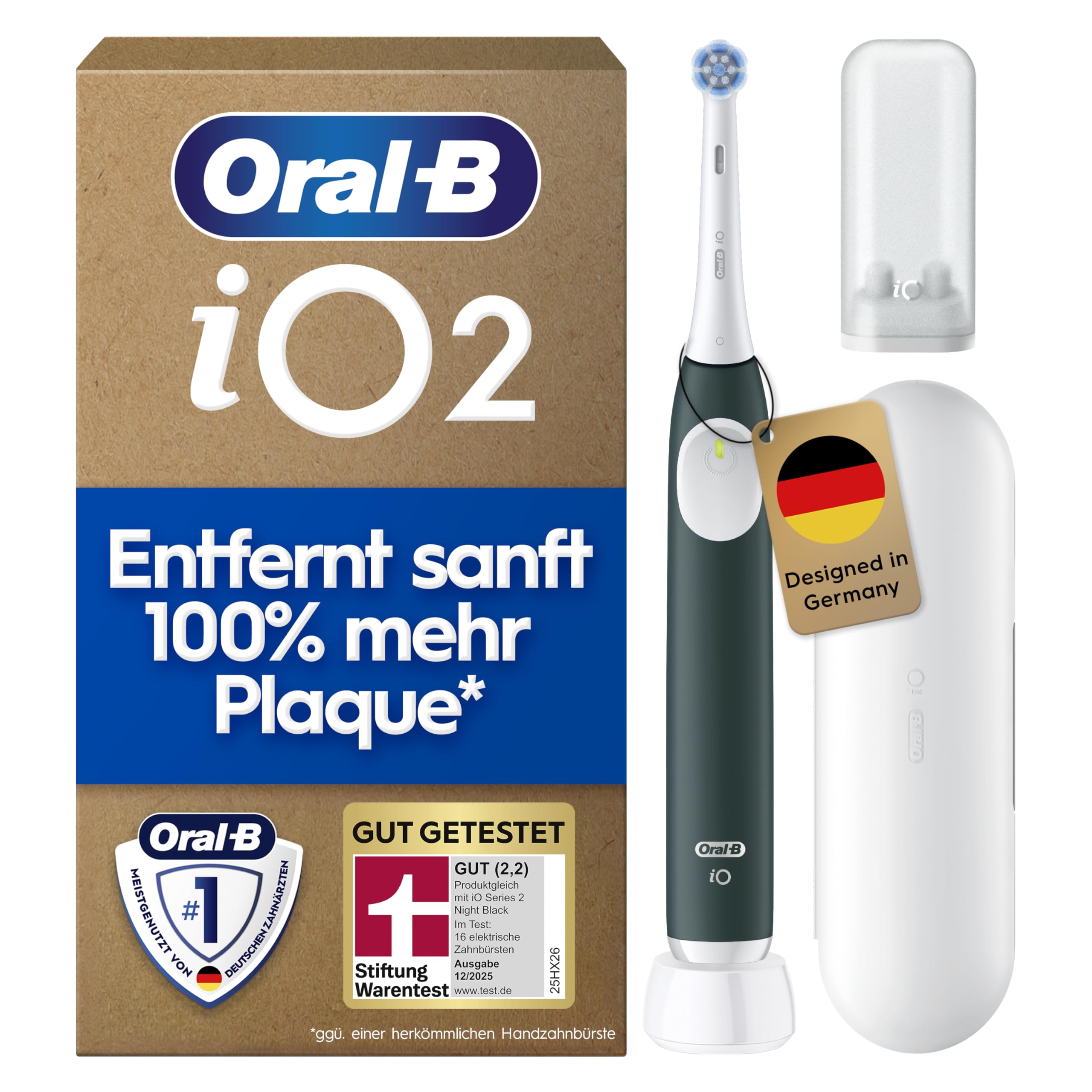 Oral-B iO Series 2 Elektrische Zahnbürste, Grün | Inkl. 1 Aufsteckbürste, Reise-Etui, GUT GETESTET von STIFTUNG WARENTEST, Electric Toothbrush mit 3 Putzmodi für Zahnpflege